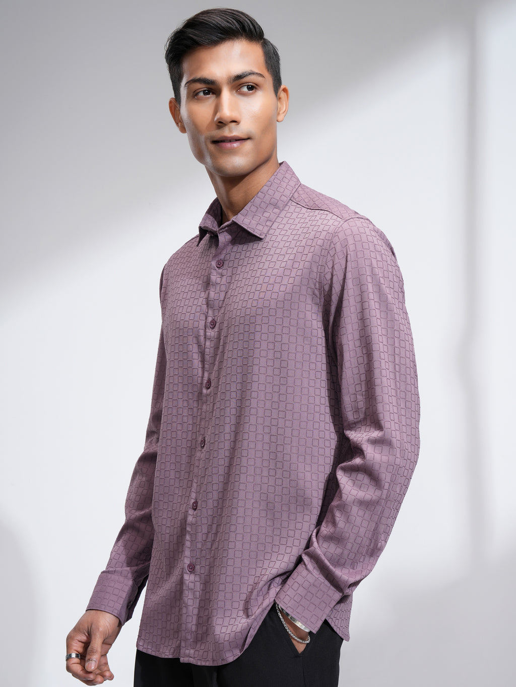 Highlander Men Mauve Self Design Slim Fit Casual Shirt - Mauve - Image 4