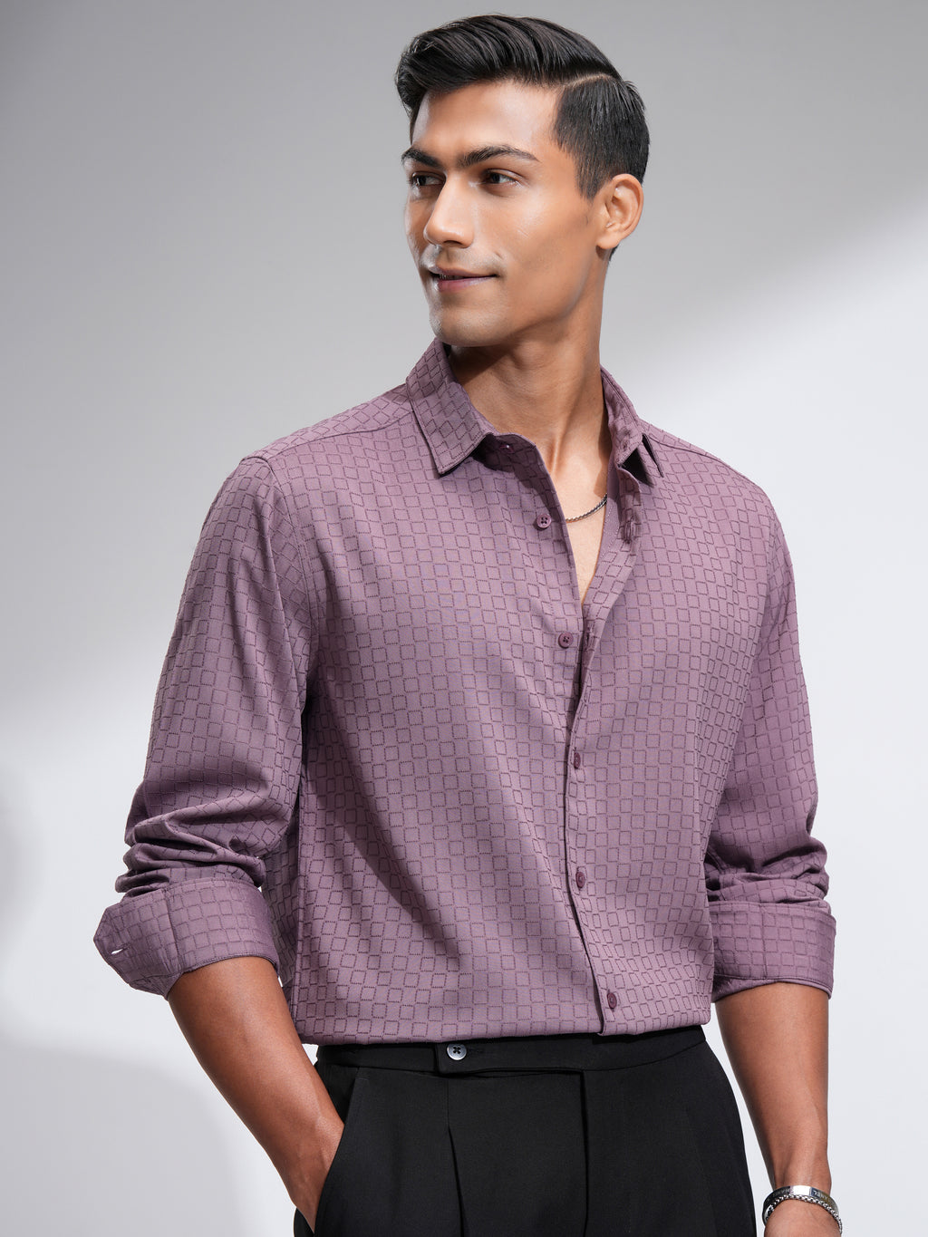 Highlander Men Mauve Self Design Slim Fit Casual Shirt - Mauve - Image 6