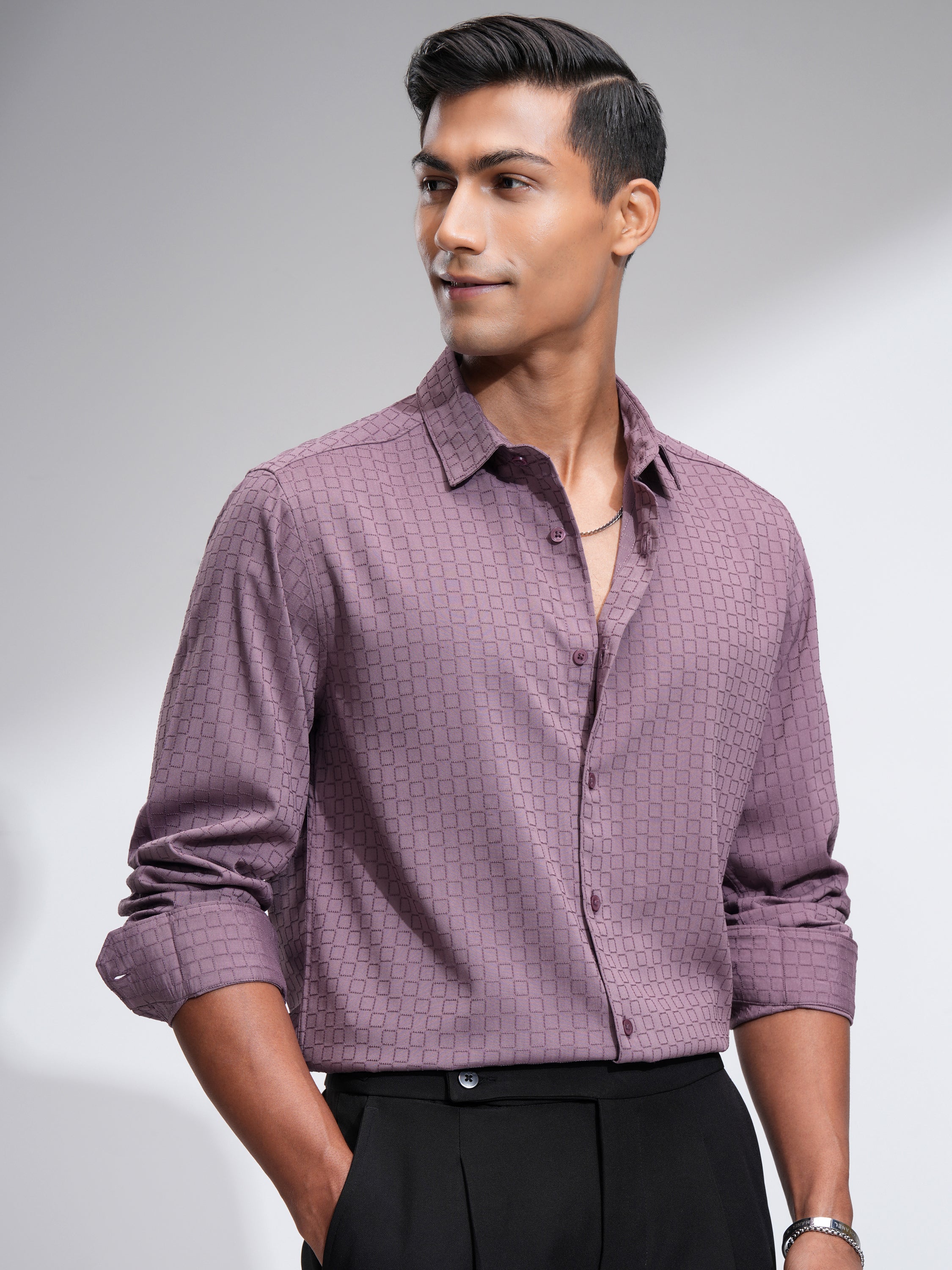 Highlander Men Mauve Self Design Slim Fit Casual Shirt - Mauve - Image 6