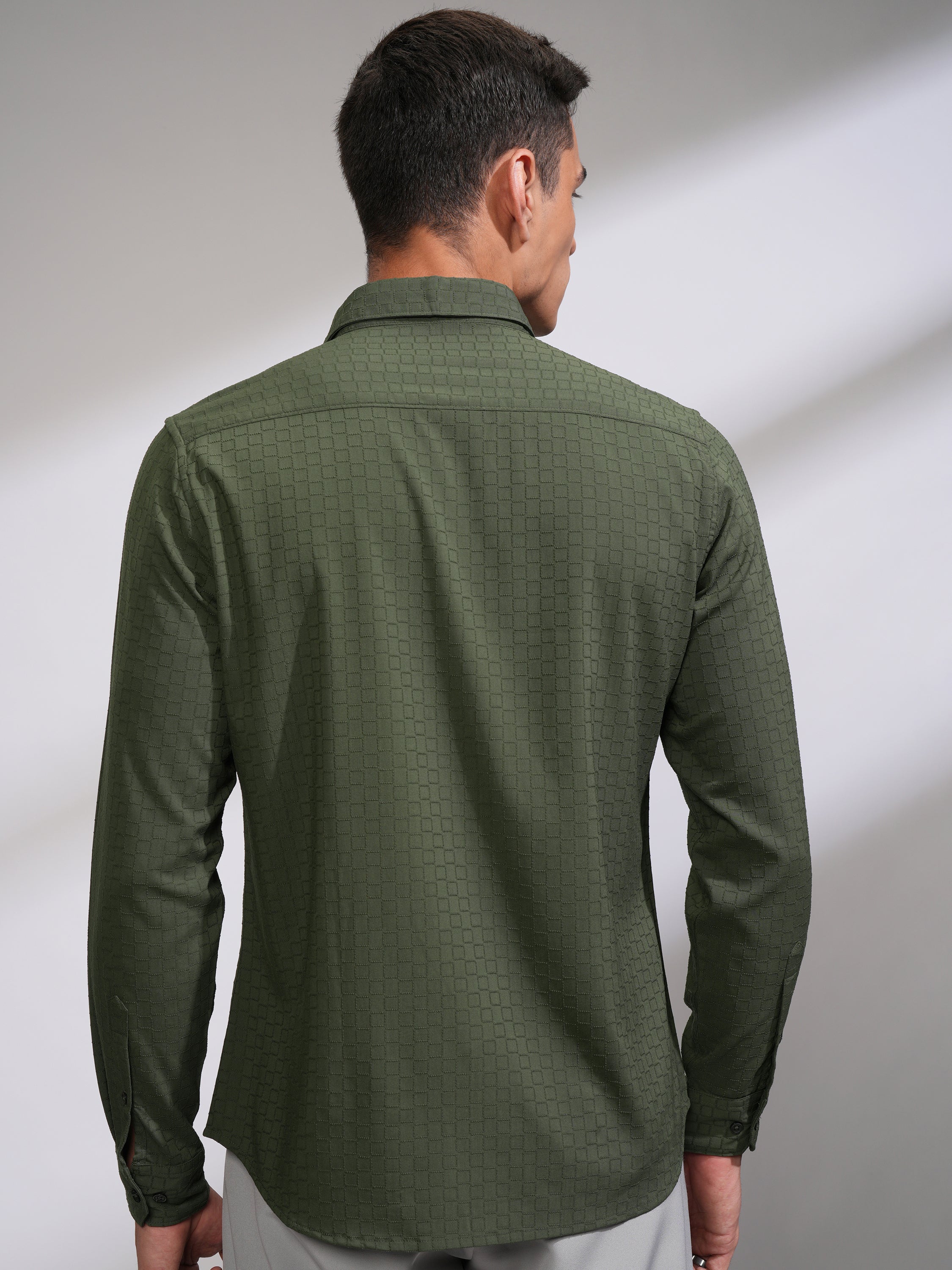 Highlander Men Green Textured Slim Fit Casual Shirt - Green - Image 3