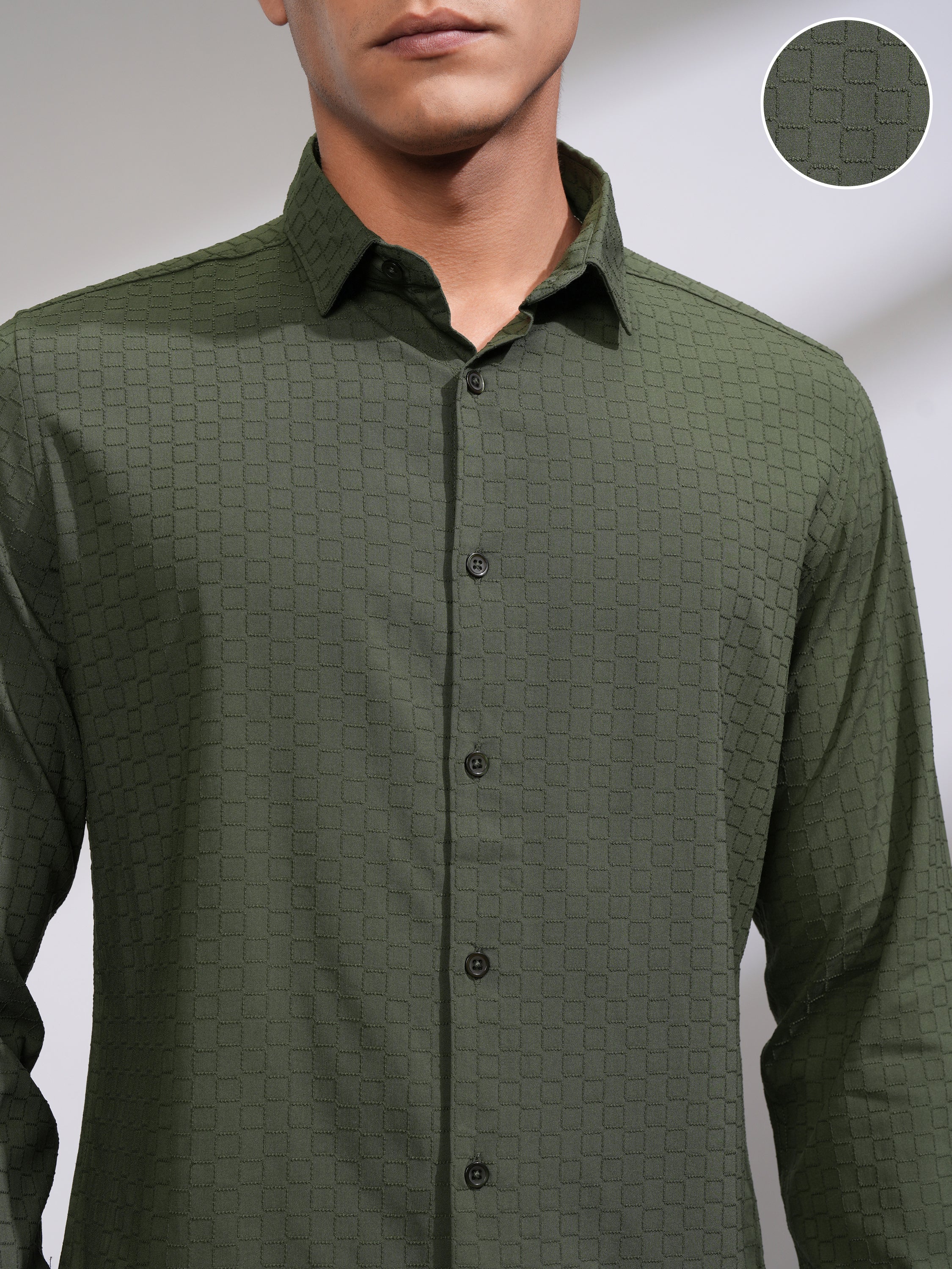 Highlander Men Green Textured Slim Fit Casual Shirt - Green - Image 5