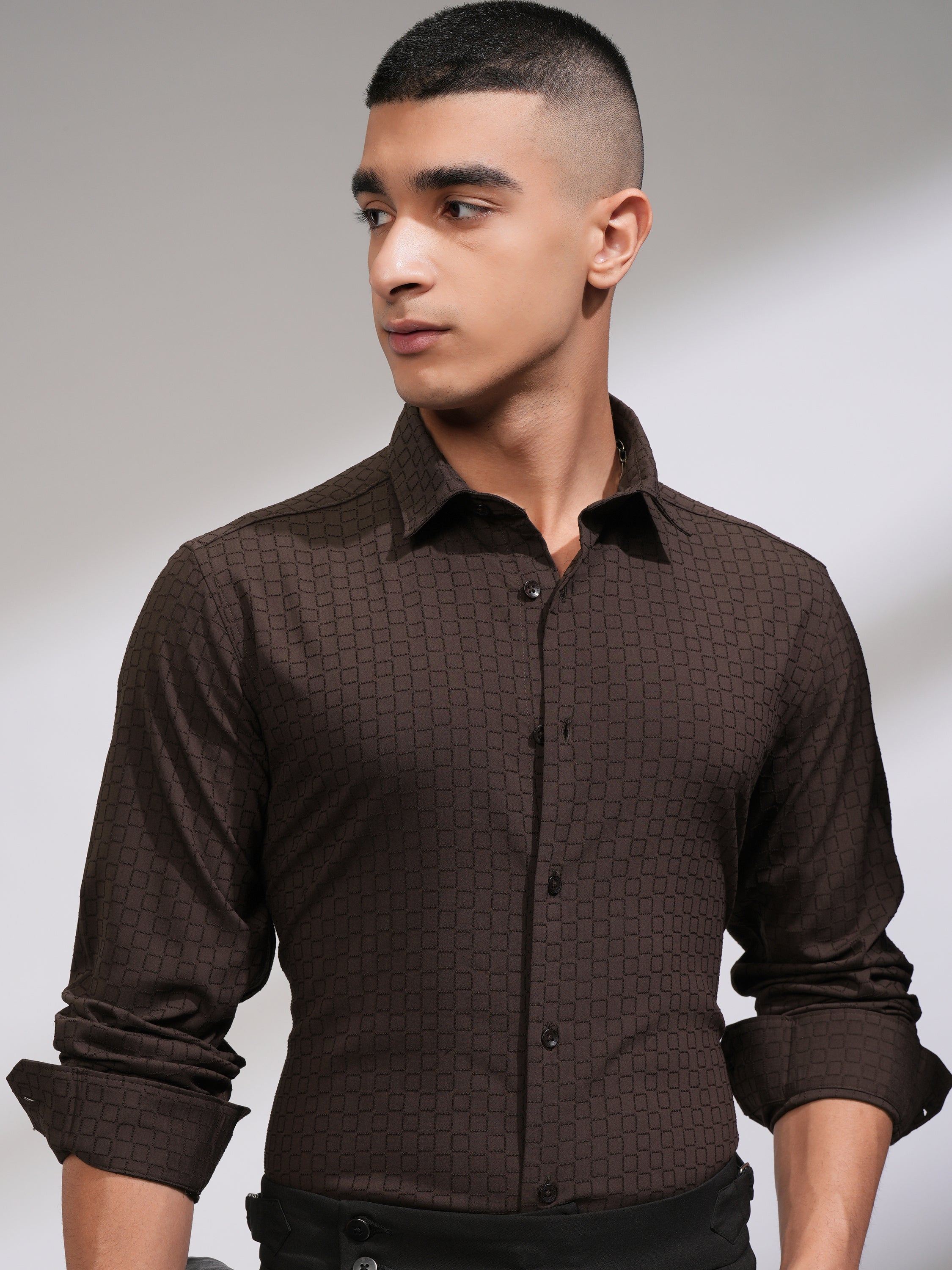 Highlander Men Coffee Brown Self Design Slim Fit Casual Shirt - Coffee Brown - Image 1