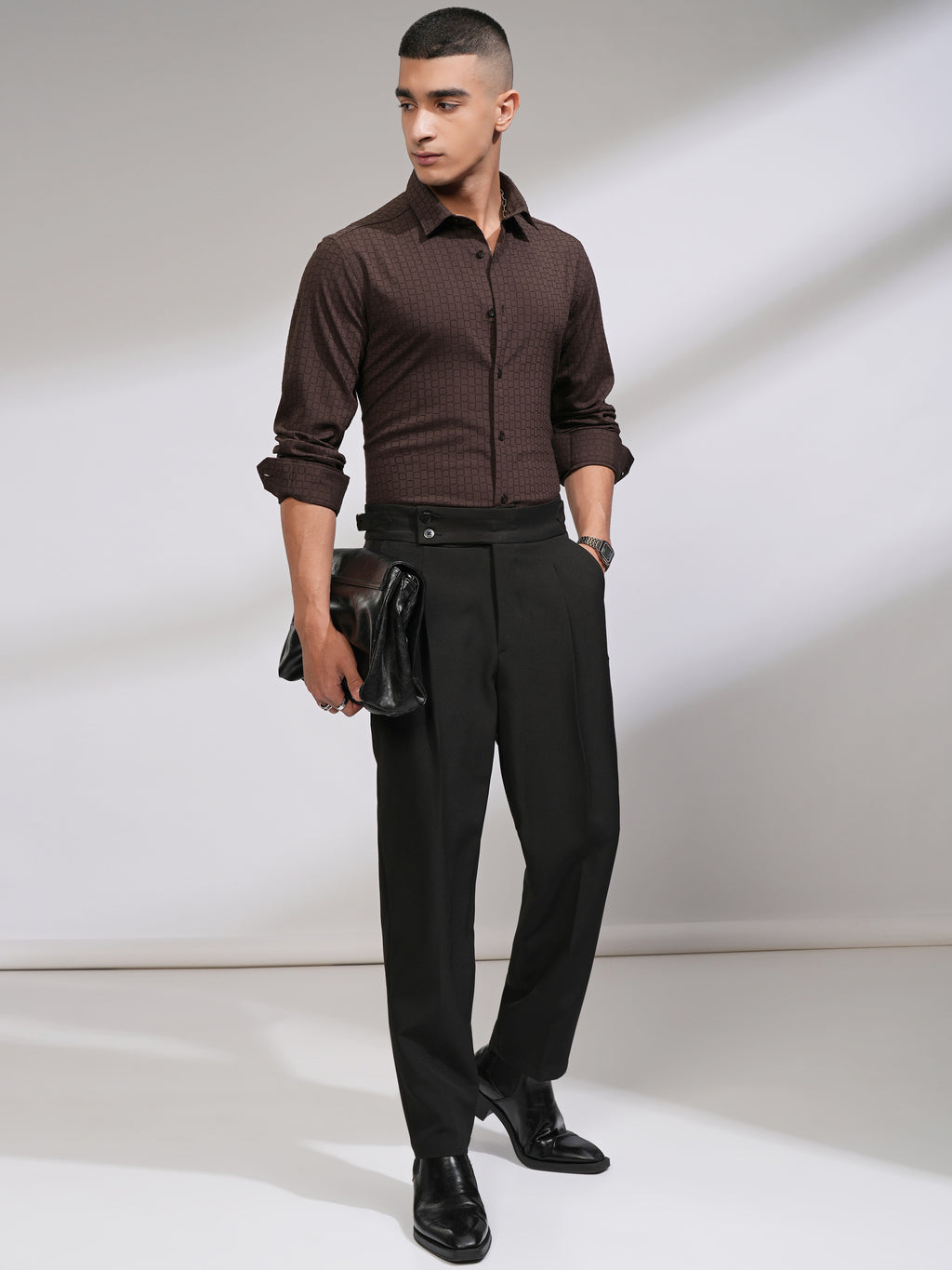 Highlander Men Coffee Brown Self Design Slim Fit Casual Shirt - Coffee Brown - Image 2