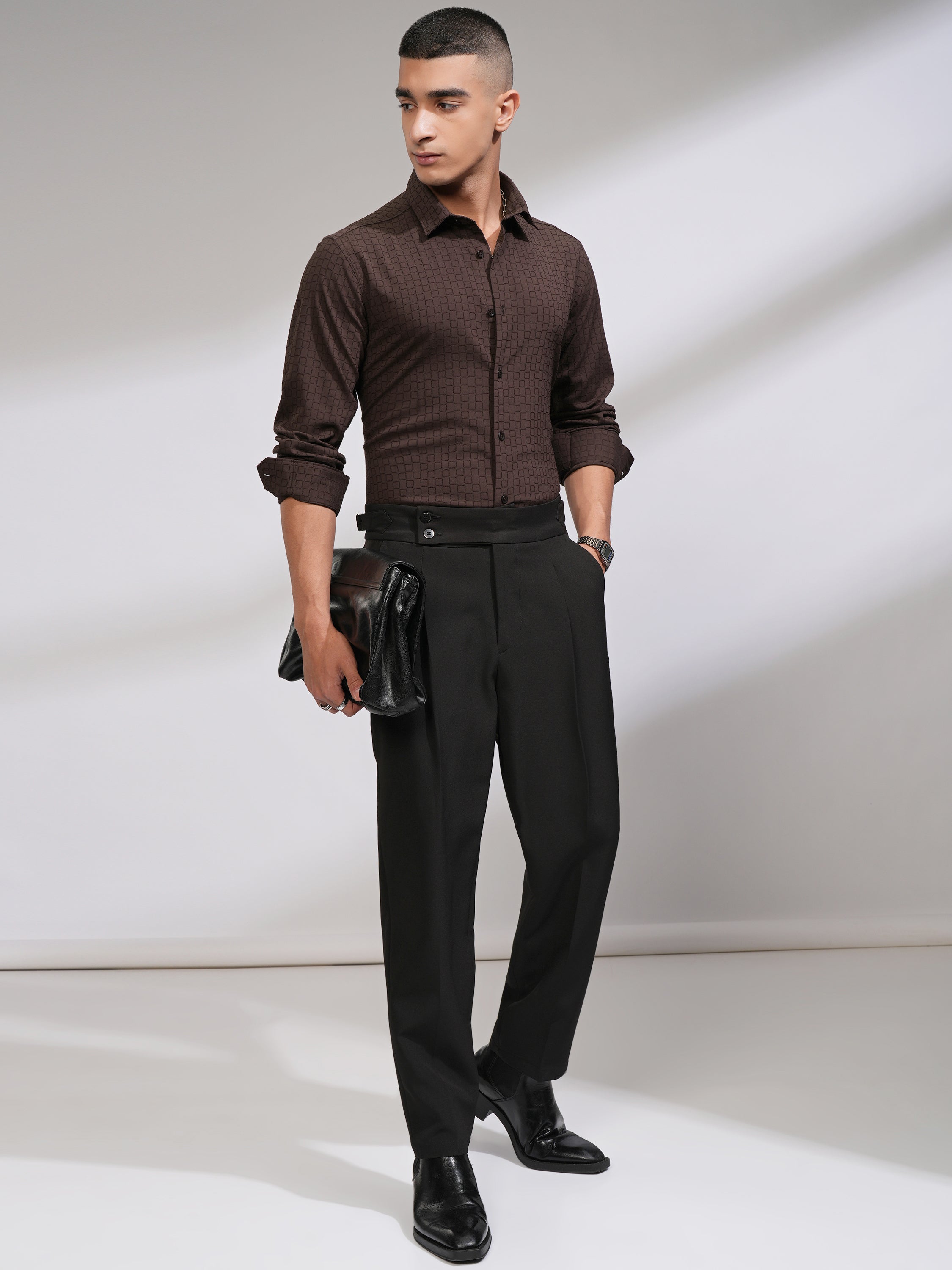 Highlander Men Coffee Brown Self Design Slim Fit Casual Shirt - Coffee Brown - Image 2