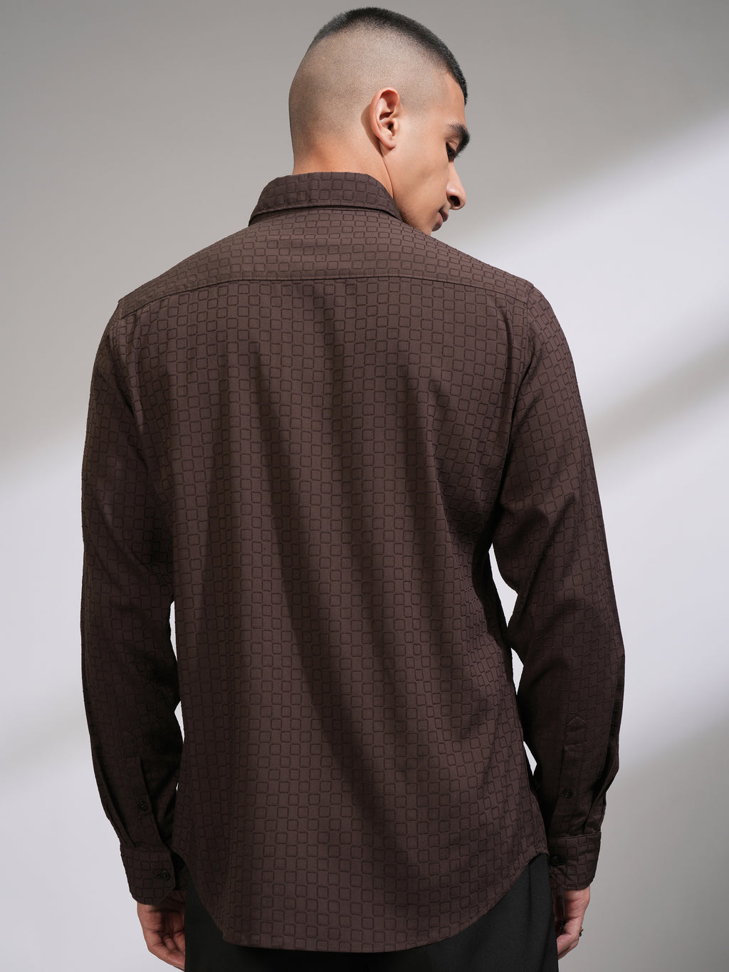 Highlander Men Coffee Brown Self Design Slim Fit Casual Shirt - Coffee Brown - Image 3