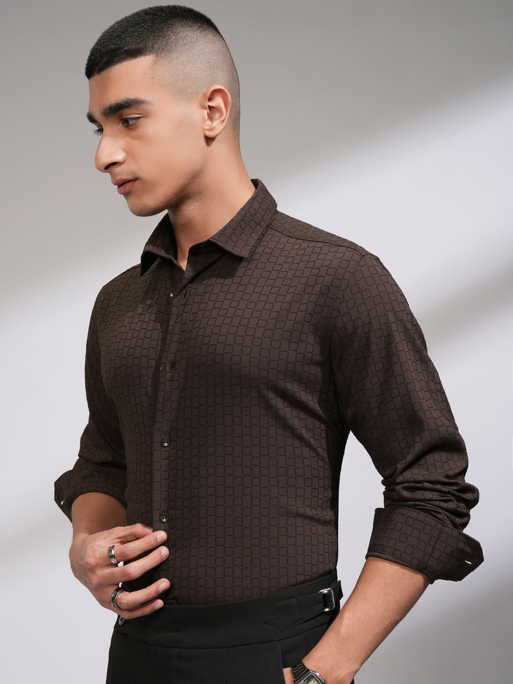 Highlander Men Coffee Brown Self Design Slim Fit Casual Shirt - Coffee Brown - Image 4