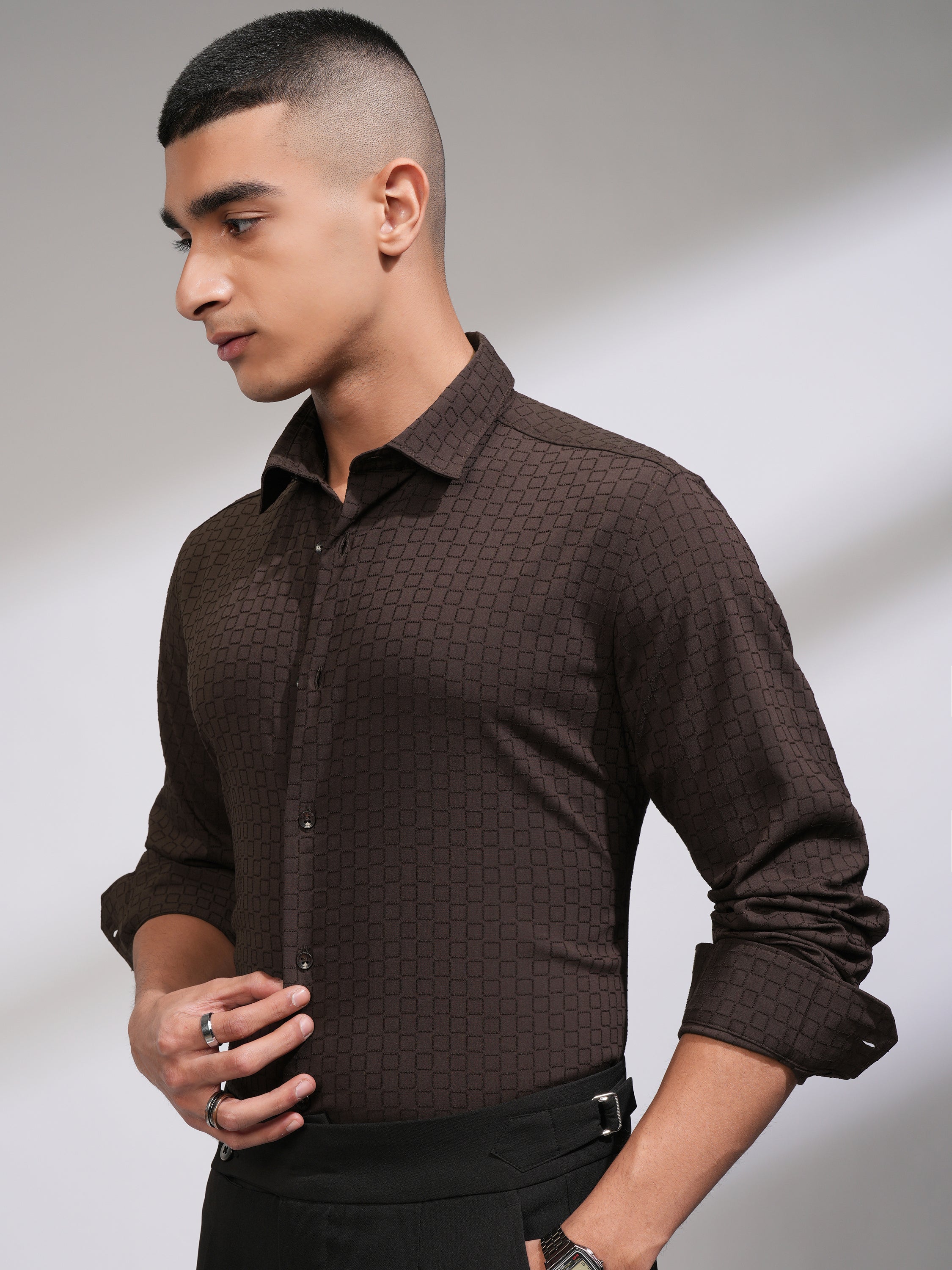 Highlander Men Coffee Brown Self Design Slim Fit Casual Shirt - Coffee Brown - Image 4