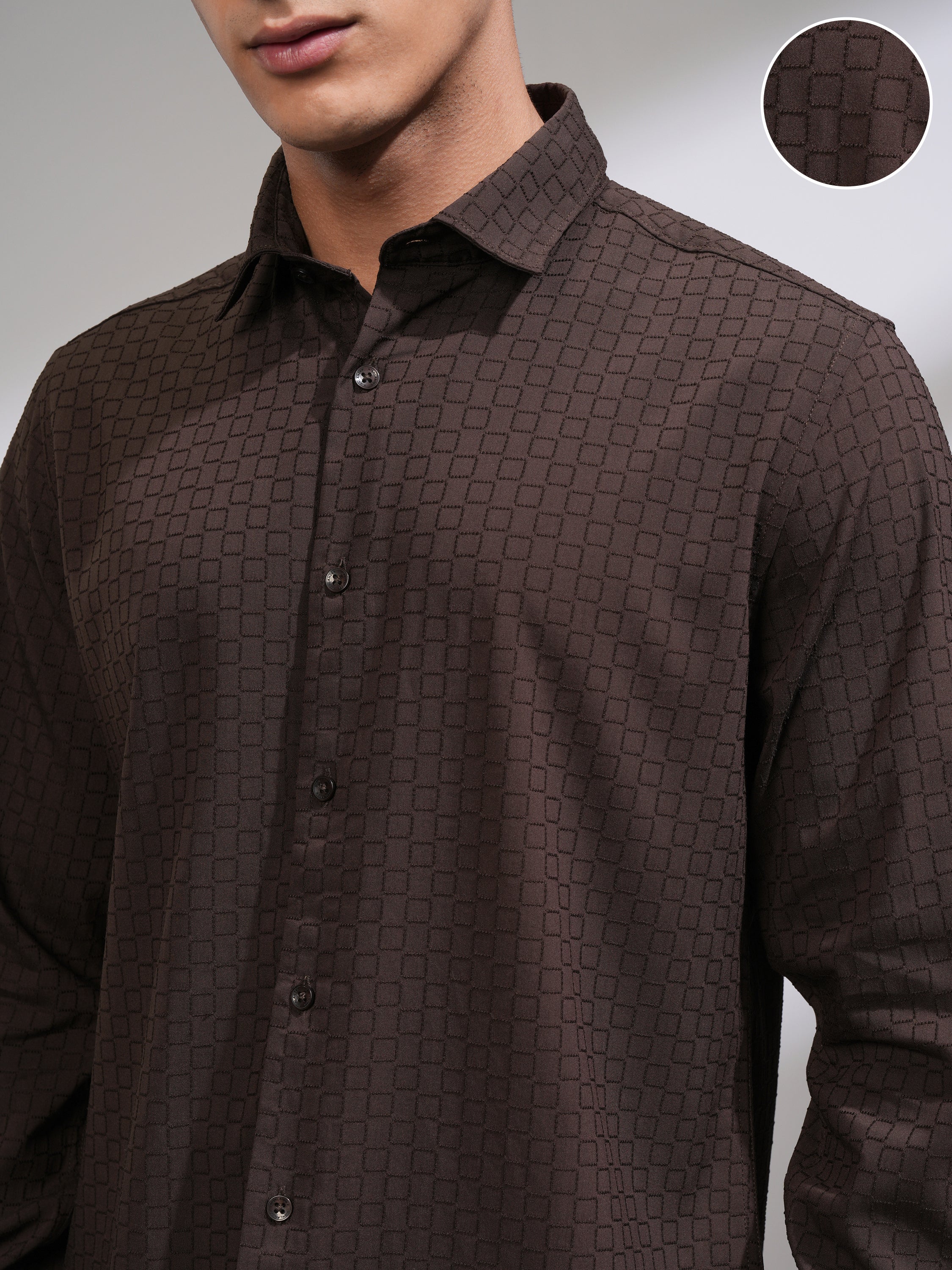 Highlander Men Coffee Brown Self Design Slim Fit Casual Shirt - Coffee Brown - Image 5