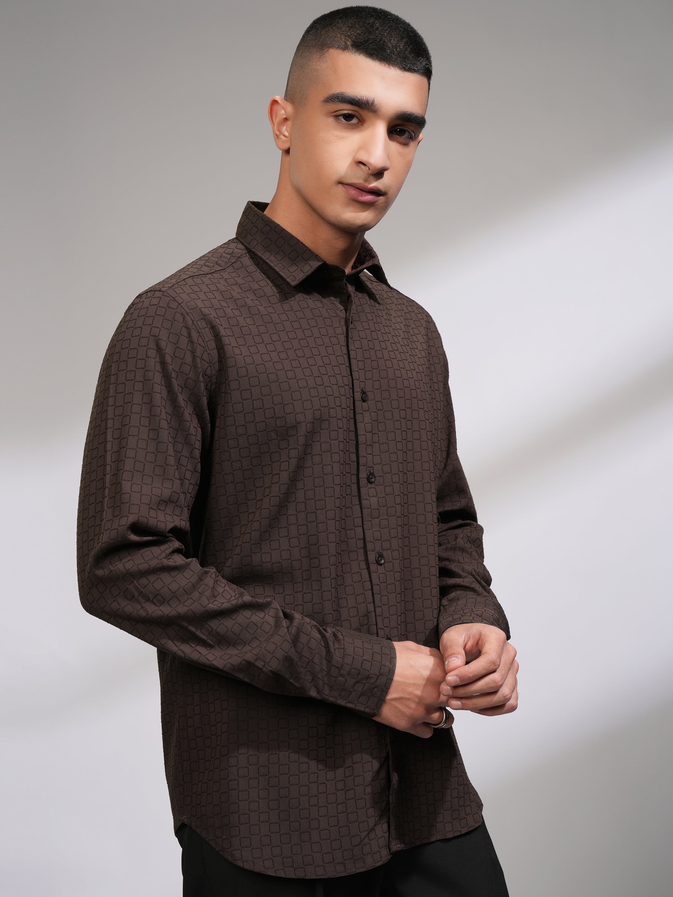 Highlander Men Coffee Brown Self Design Slim Fit Casual Shirt - Coffee Brown - Image 6