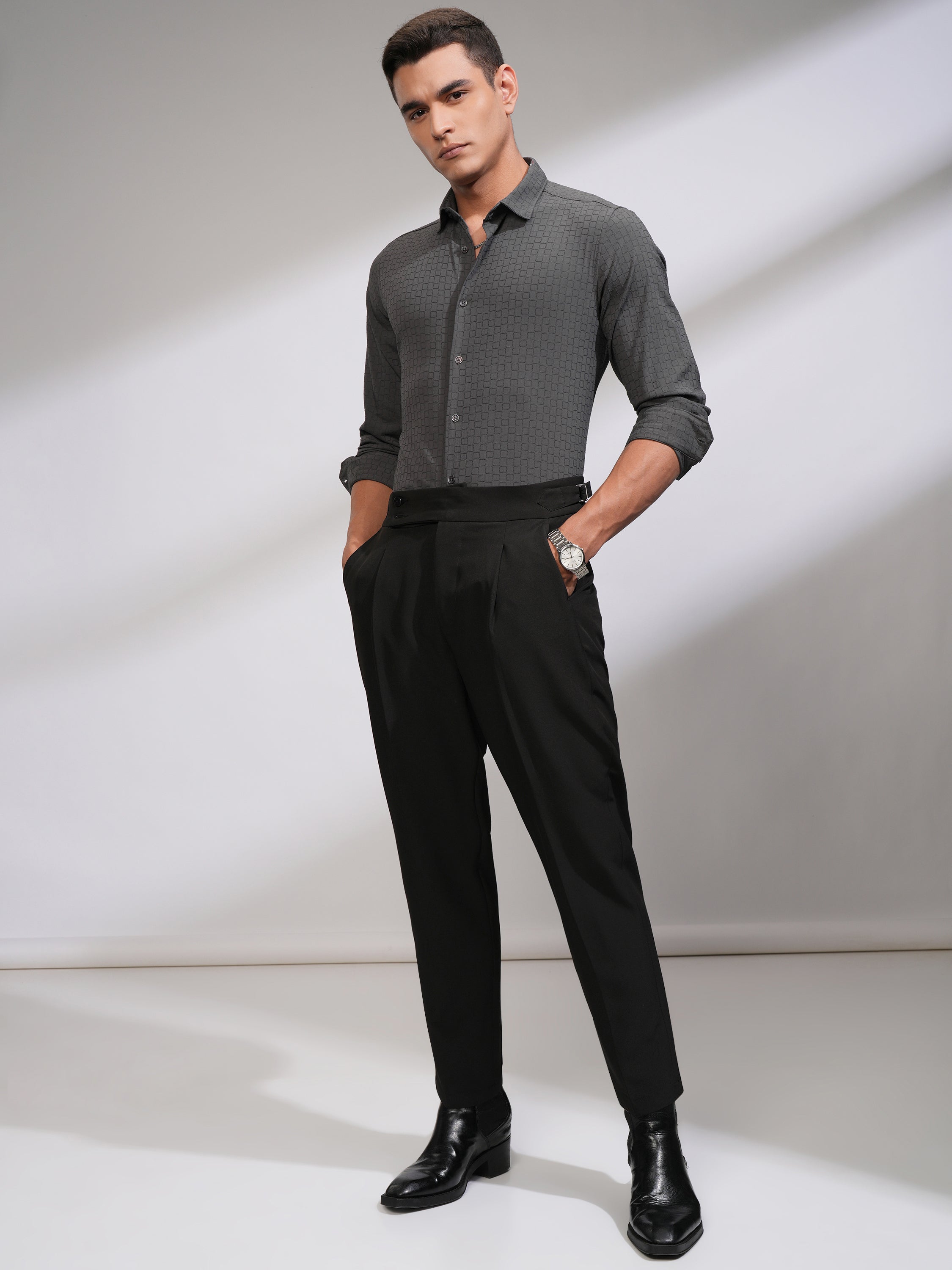 Highlander Men Grey Textured Slim Fit Casual Shirt - Grey - Image 2
