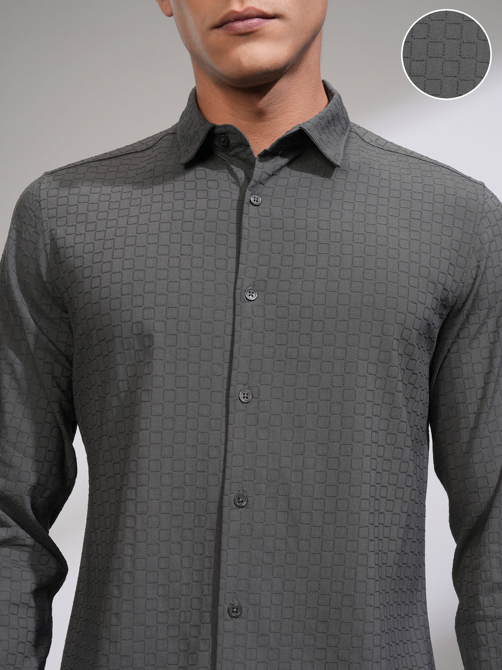 Highlander Men Grey Textured Slim Fit Casual Shirt - Grey - Image 5
