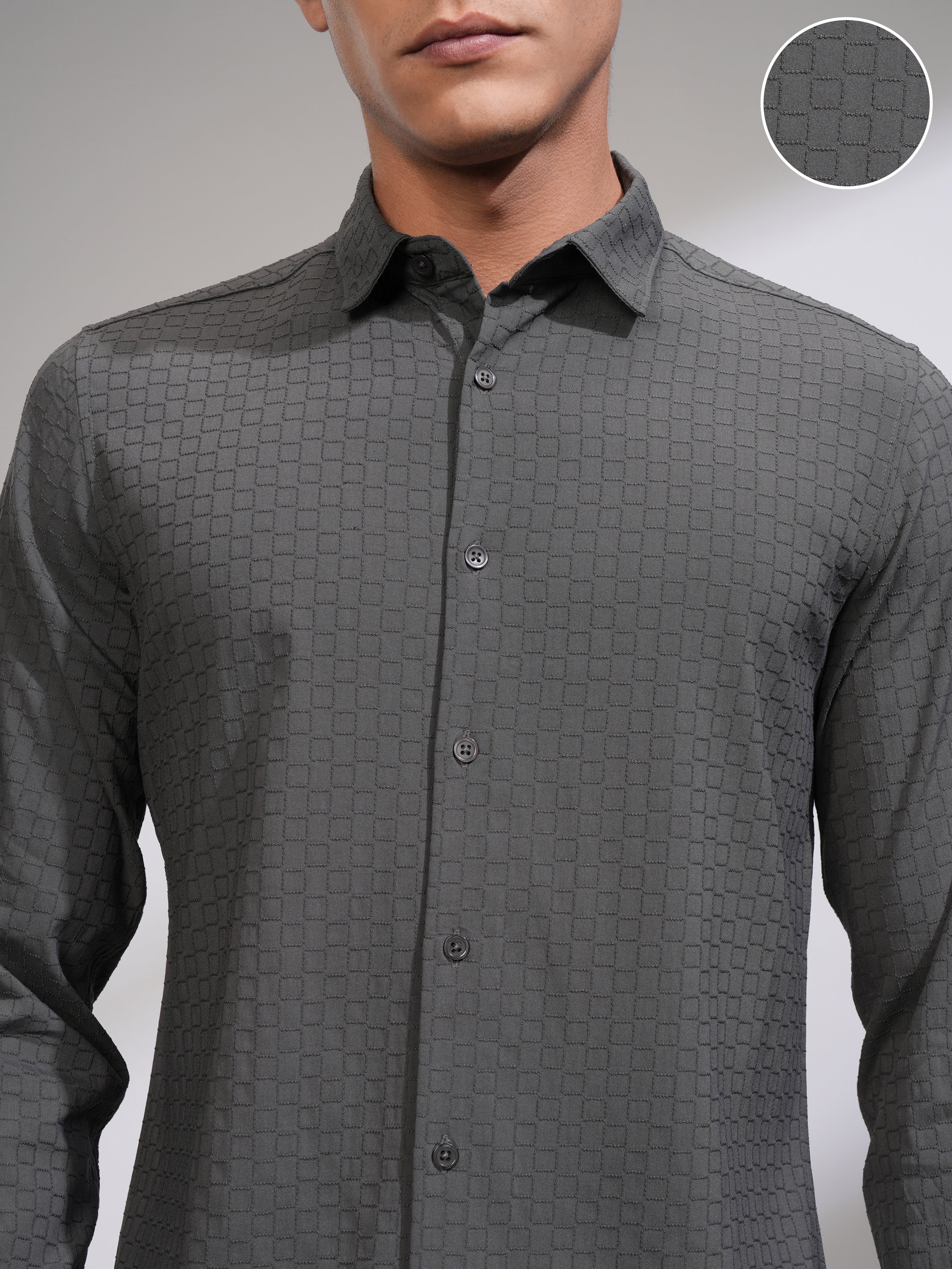 Highlander Men Grey Textured Slim Fit Casual Shirt - Grey - Image 5