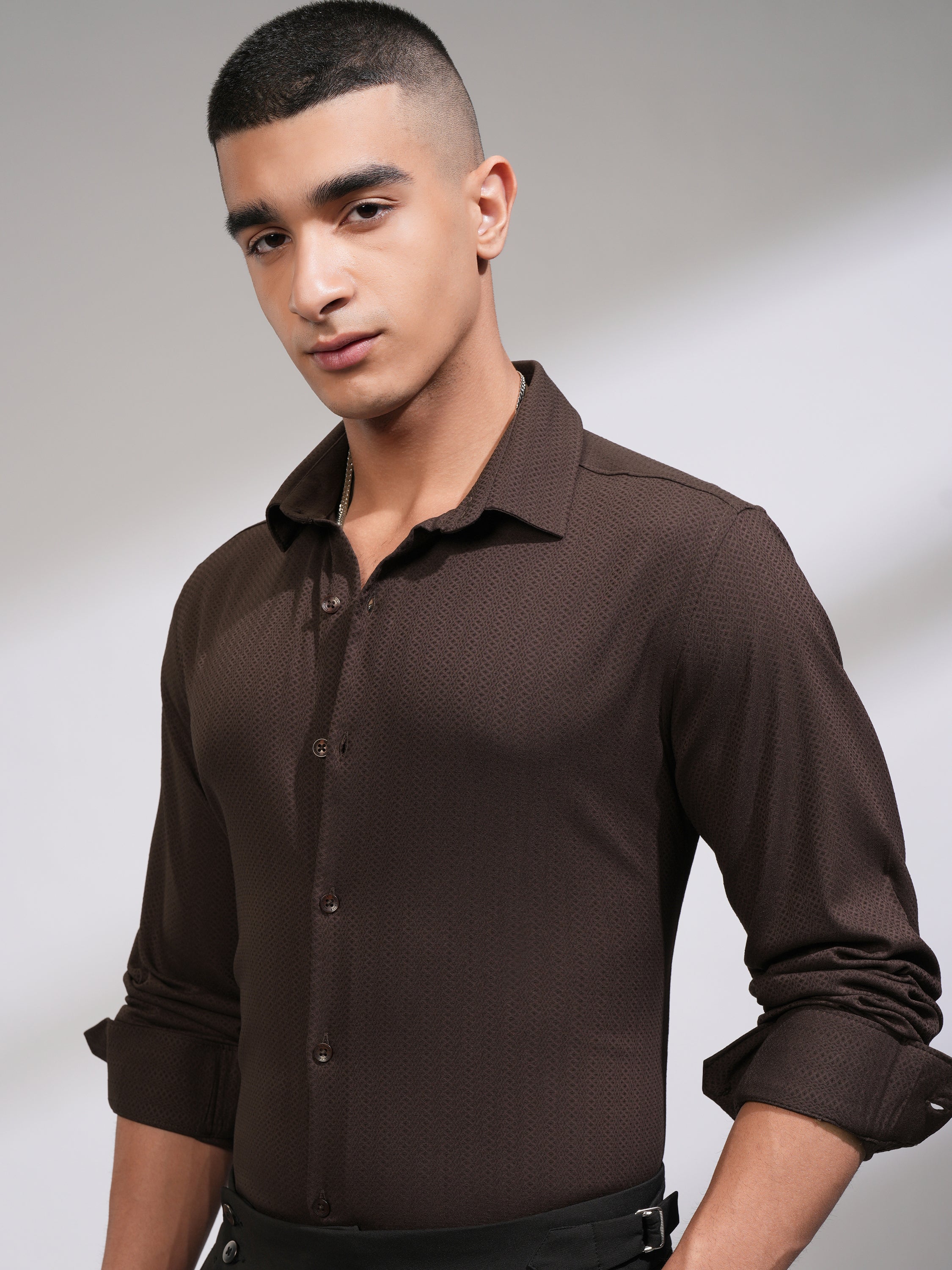 Highlander Men Brown Textured Slim Fit Casual Shirt - Coffee Brown - Image 1