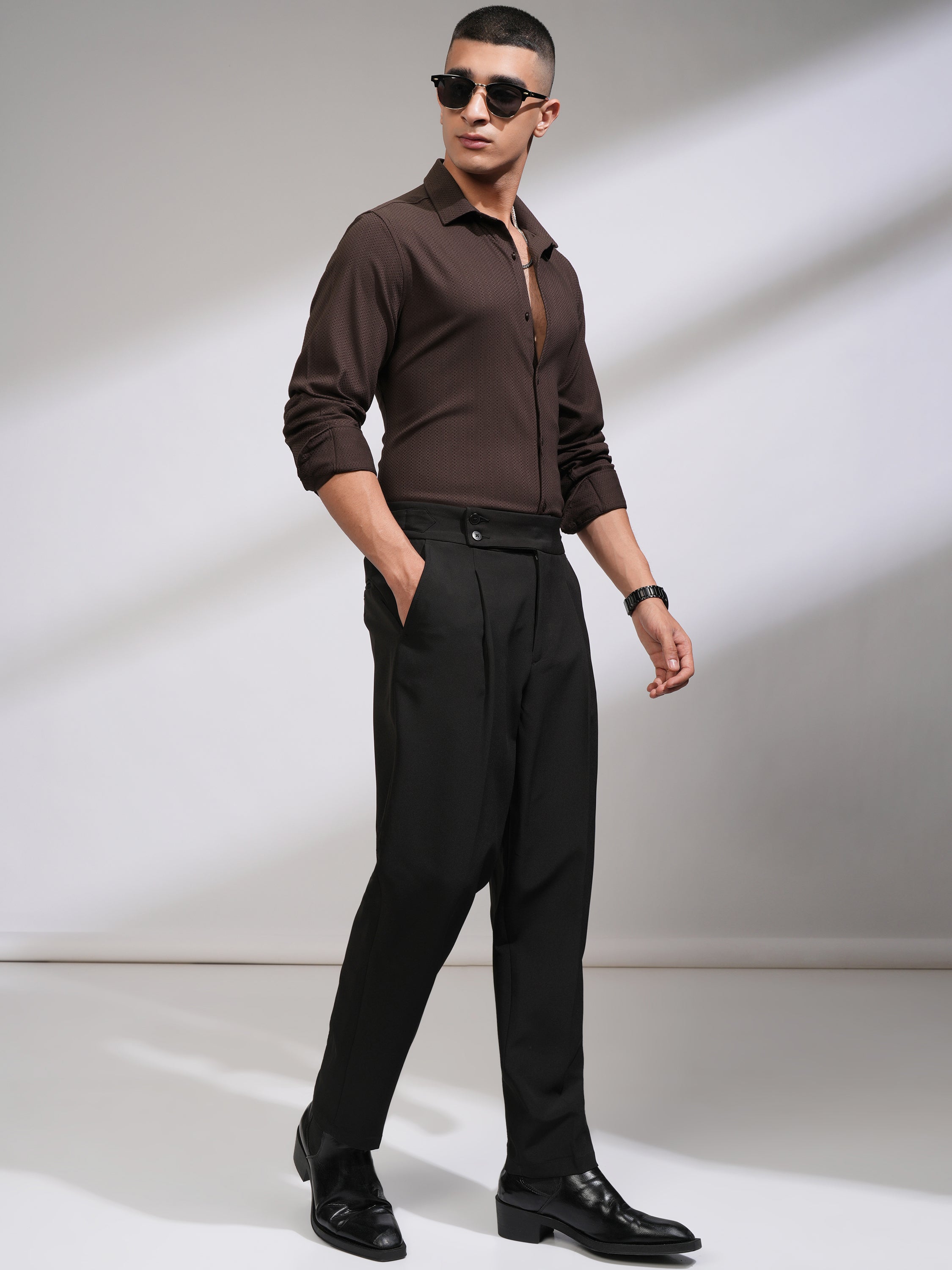 Highlander Men Brown Textured Slim Fit Casual Shirt - Coffee Brown - Image 2
