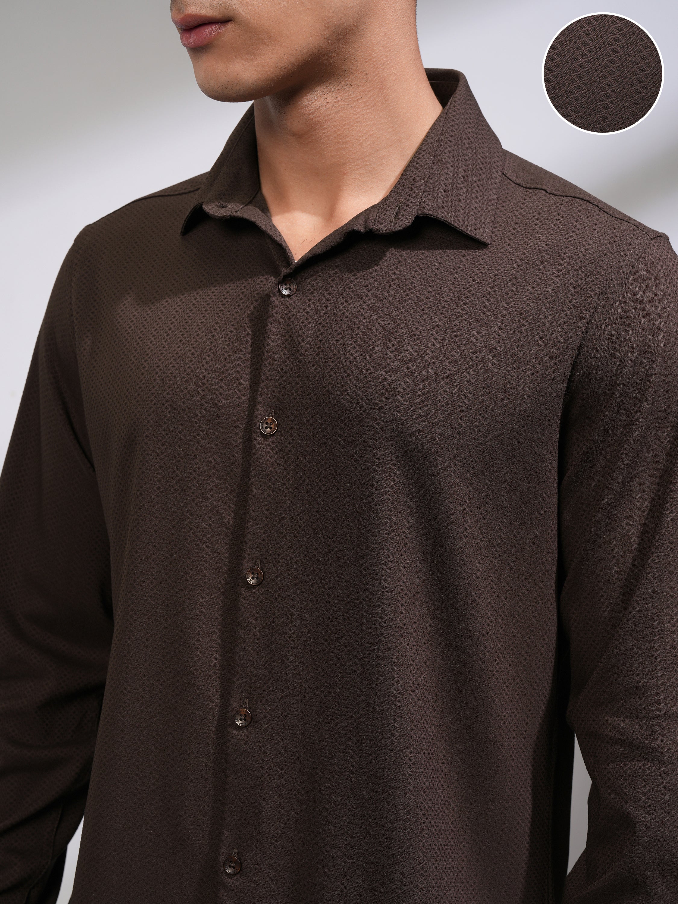 Highlander Men Brown Textured Slim Fit Casual Shirt - Coffee Brown - Image 5