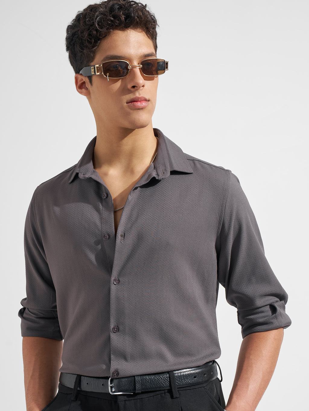 Highlander Men Grey Self Design Regular Fit Casual Shirt
