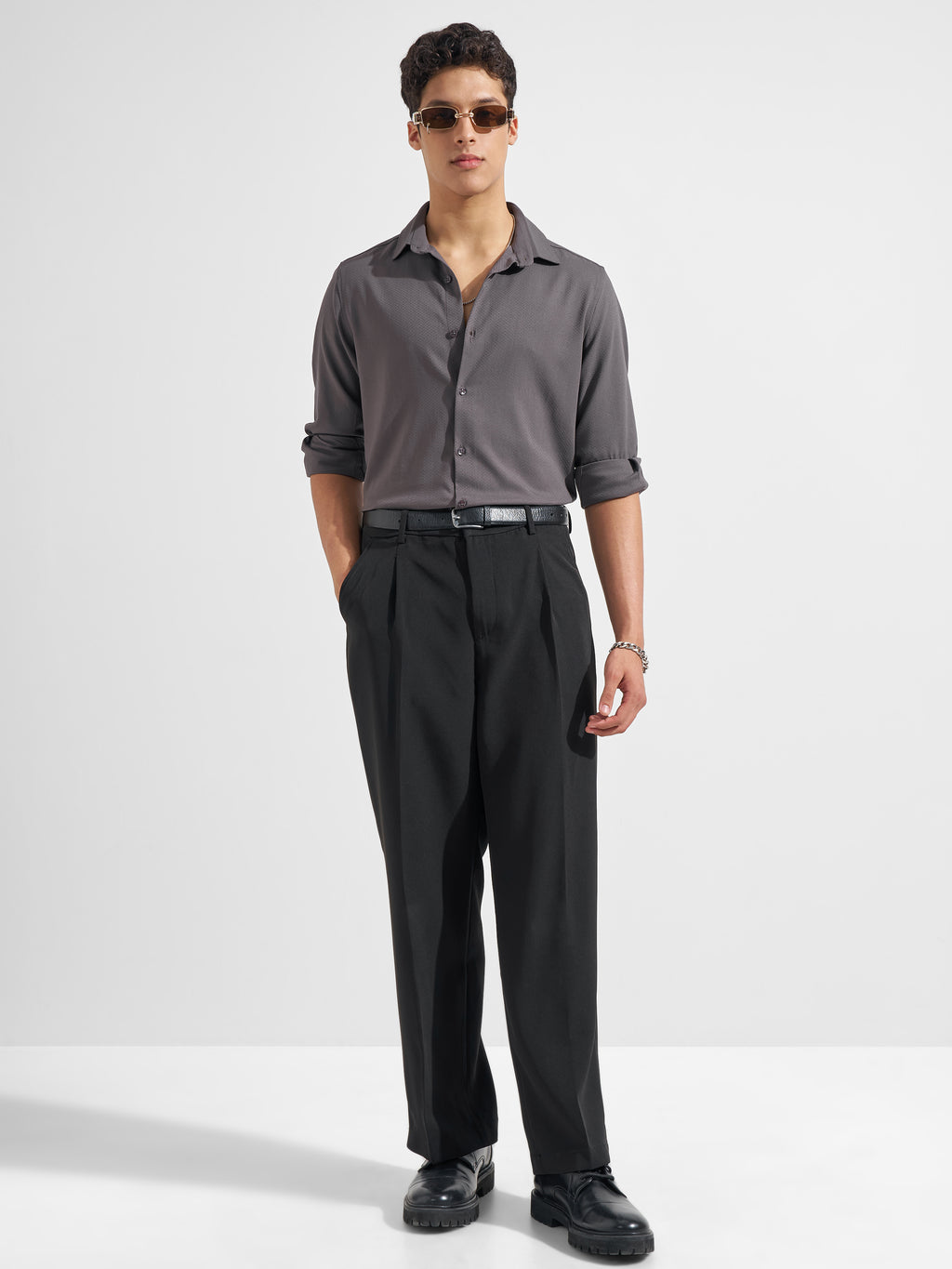 Highlander Men Grey Self Design Regular Fit Casual Shirt