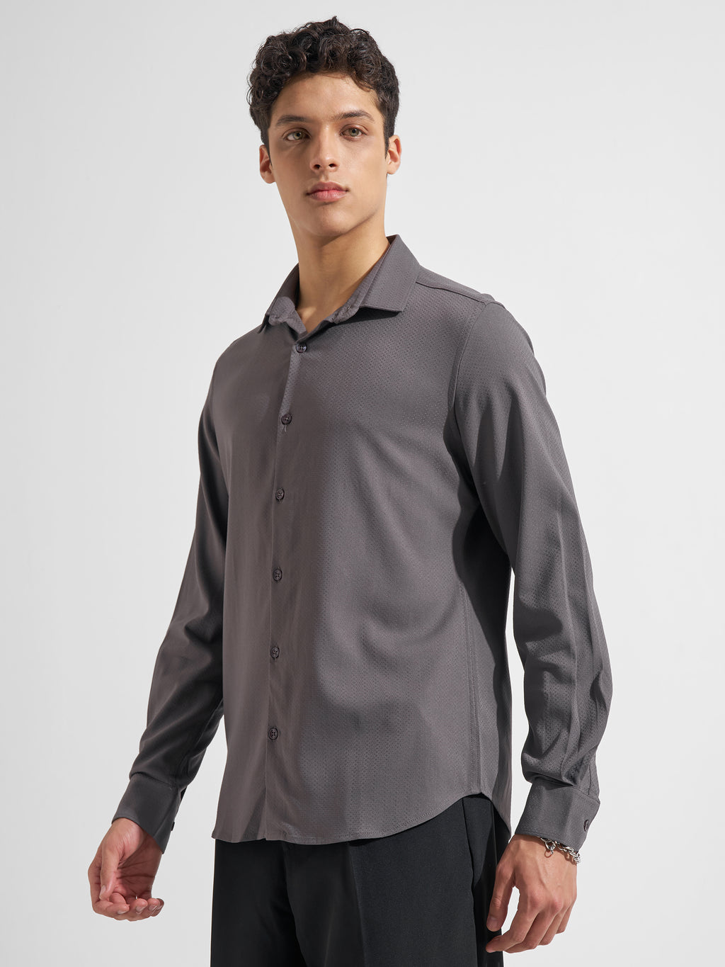 Highlander Men Grey Self Design Regular Fit Casual Shirt