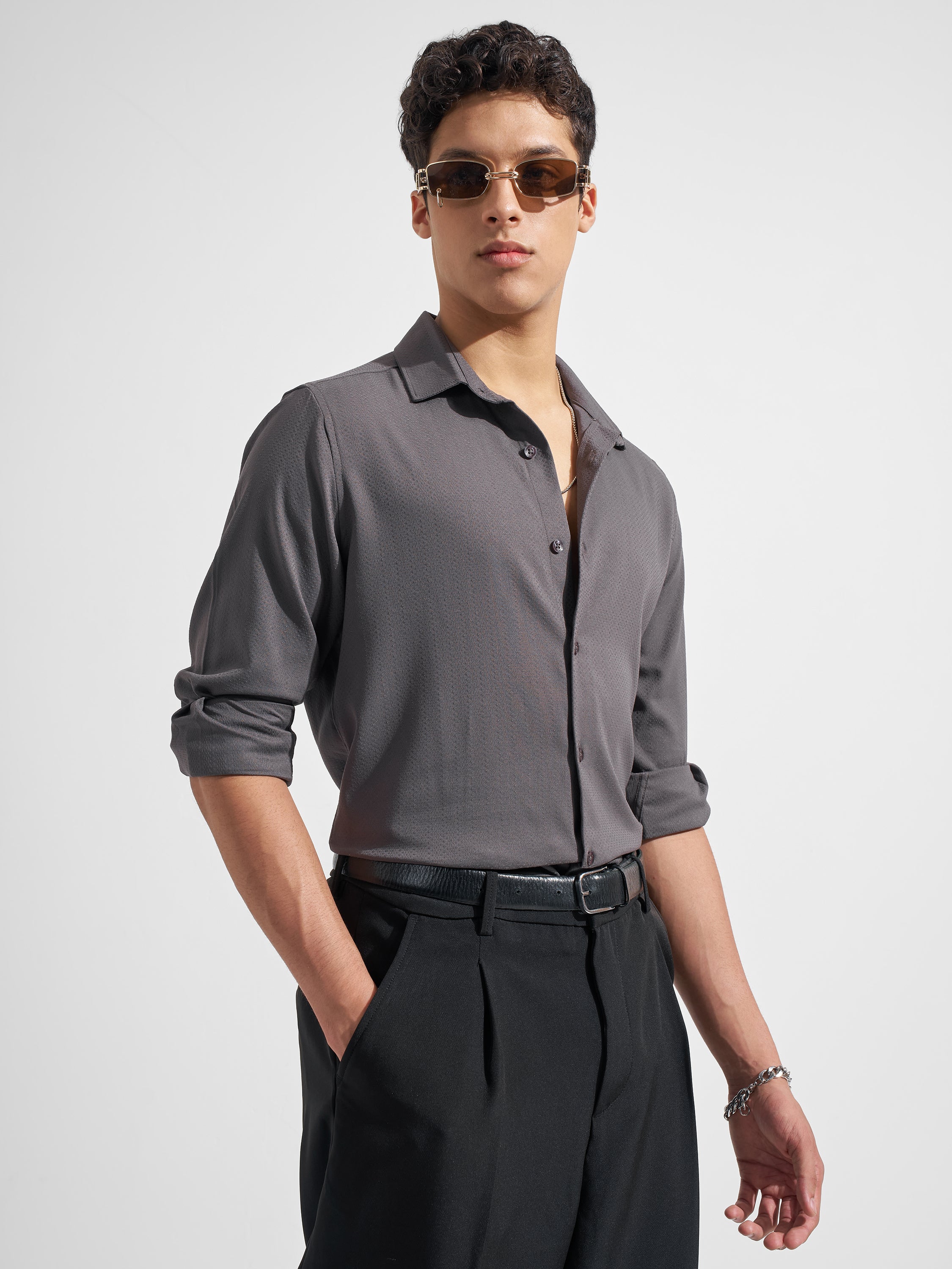 Highlander Men Grey Self Design Regular Fit Casual Shirt