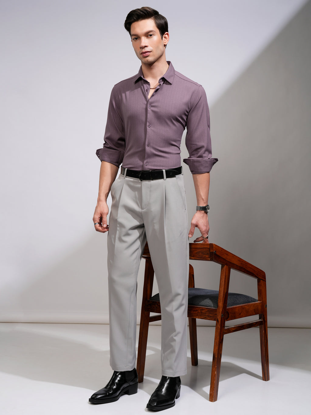 Highlander Men Mauve Textured Slim Fit Casual Shirt - Mauve - Image 2