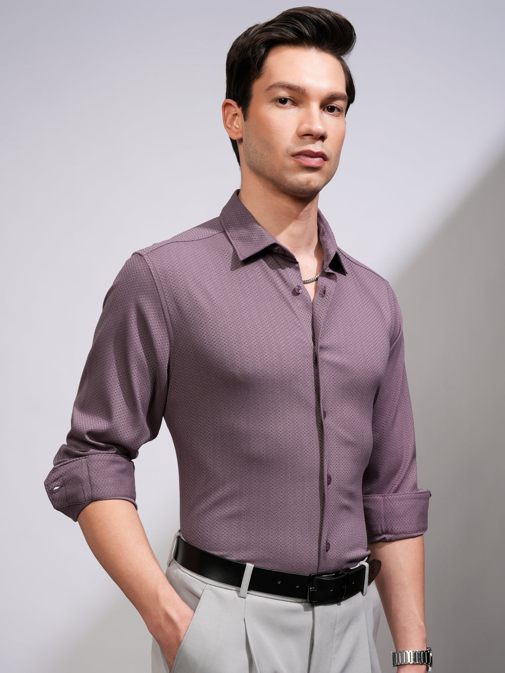 Highlander Men Mauve Textured Slim Fit Casual Shirt - Mauve - Image 6
