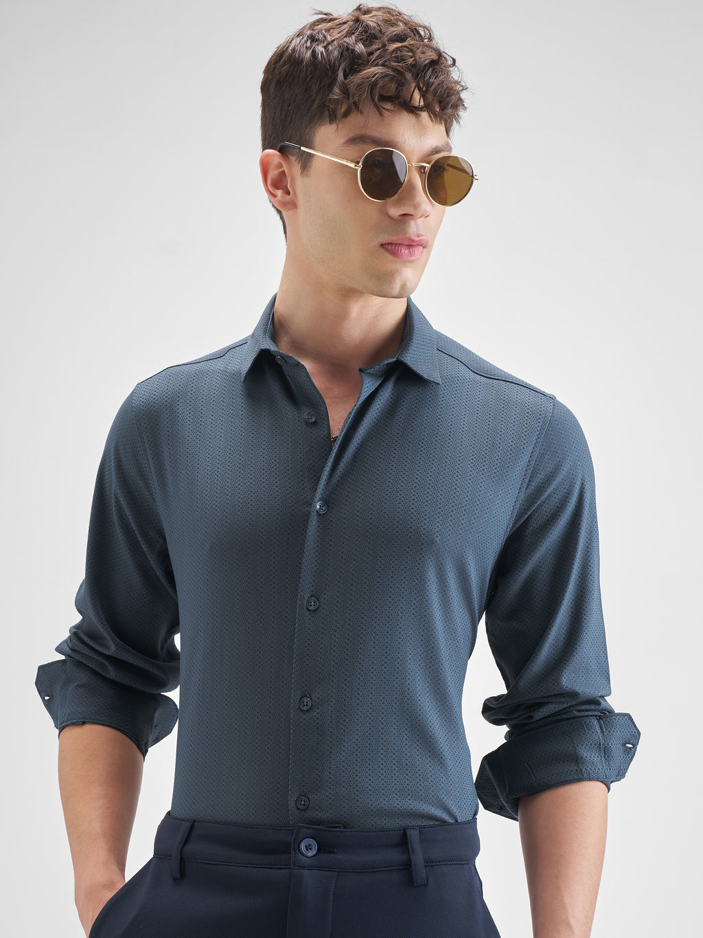 Highlander Men Blue Self Design Slim Fit Casual Shirt - Blue - Image 1