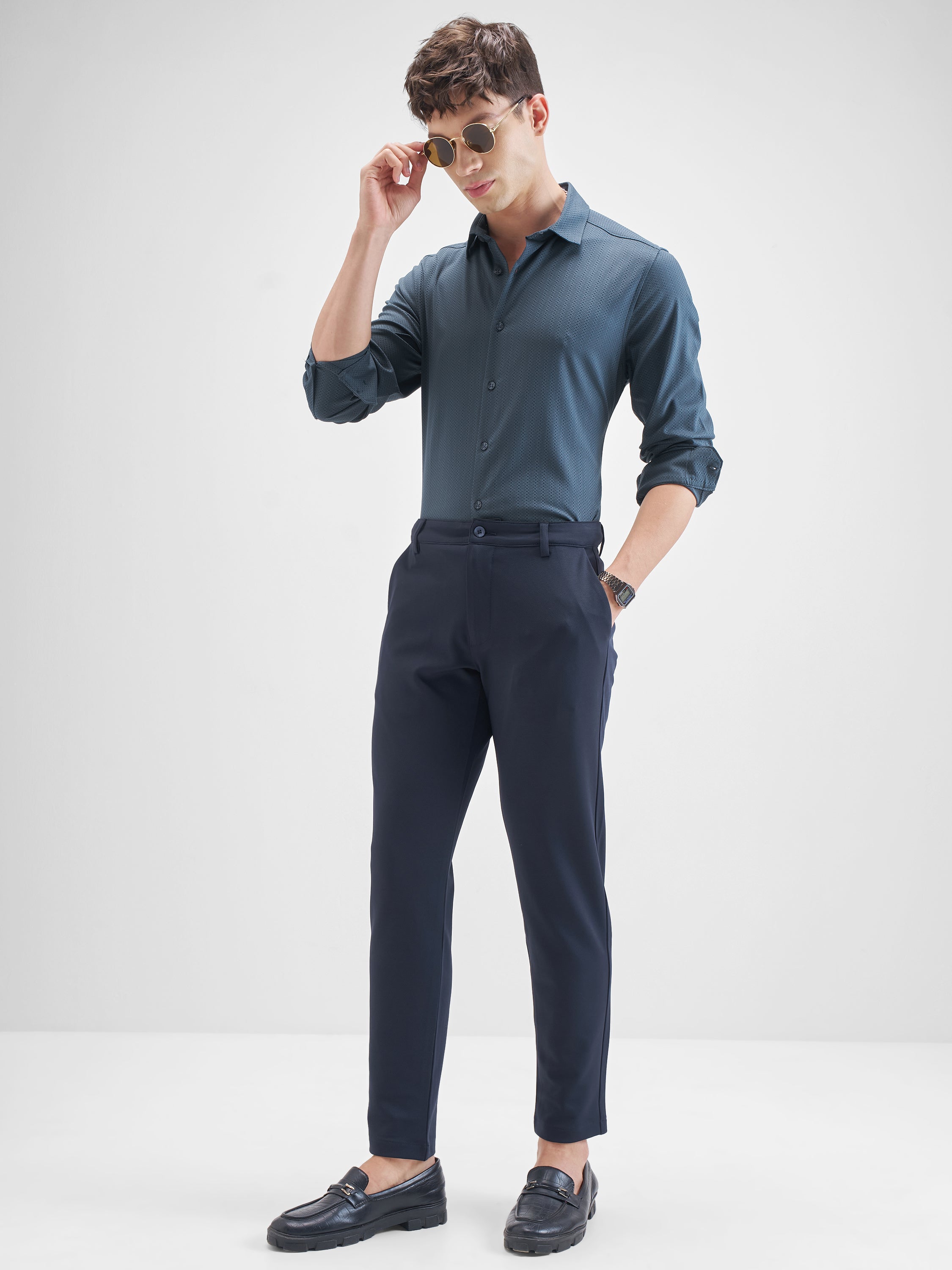 Highlander Men Blue Self Design Slim Fit Casual Shirt - Blue - Image 2