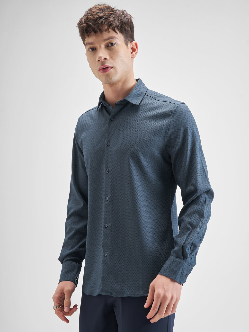 Highlander Men Blue Self Design Slim Fit Casual Shirt - Blue - Image 4