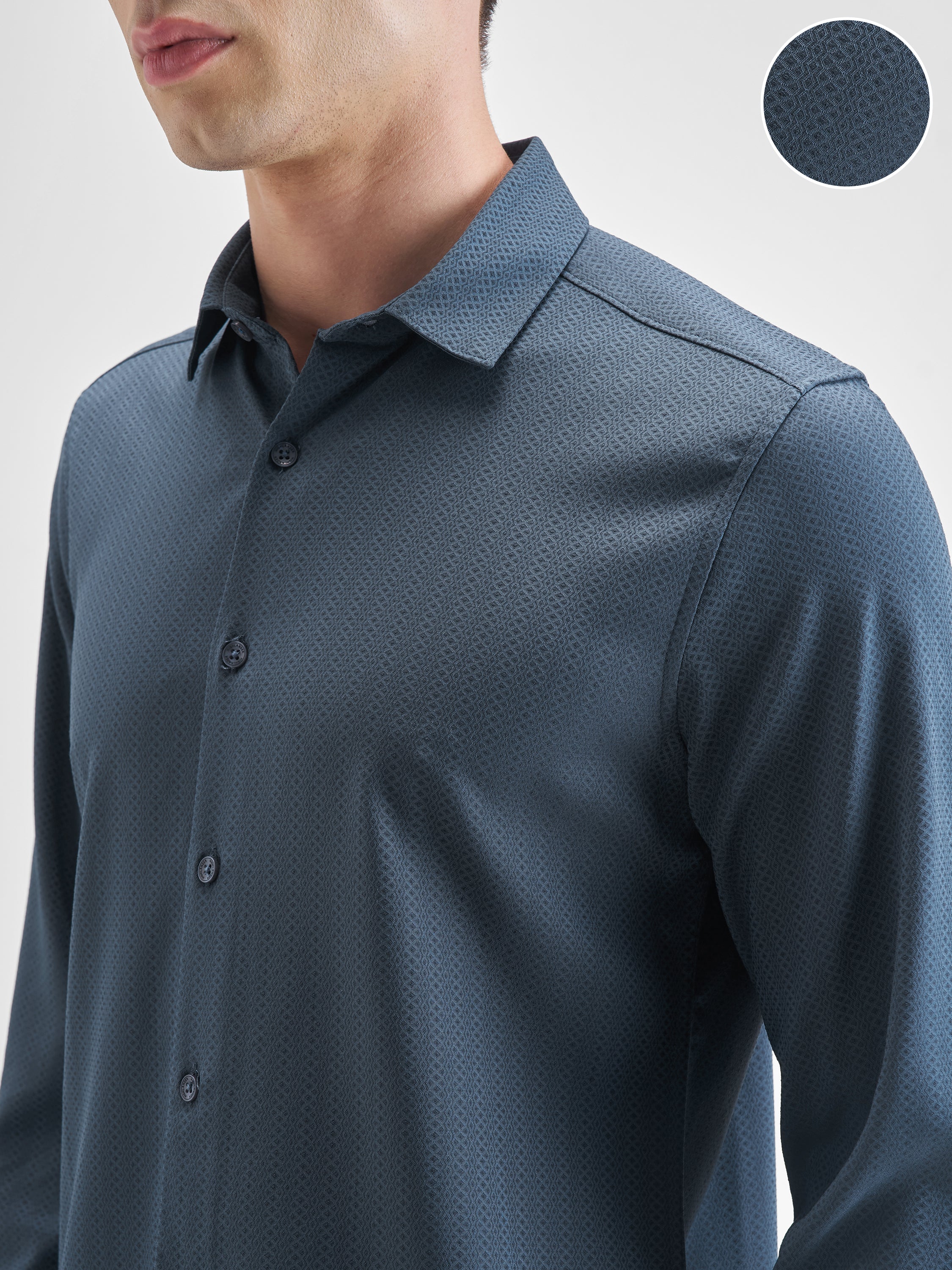 Highlander Men Blue Self Design Slim Fit Casual Shirt - Blue - Image 5