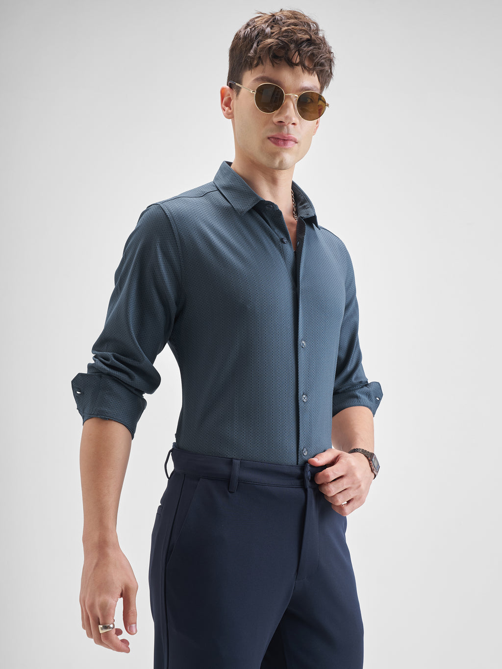 Highlander Men Blue Self Design Slim Fit Casual Shirt - Blue - Image 6