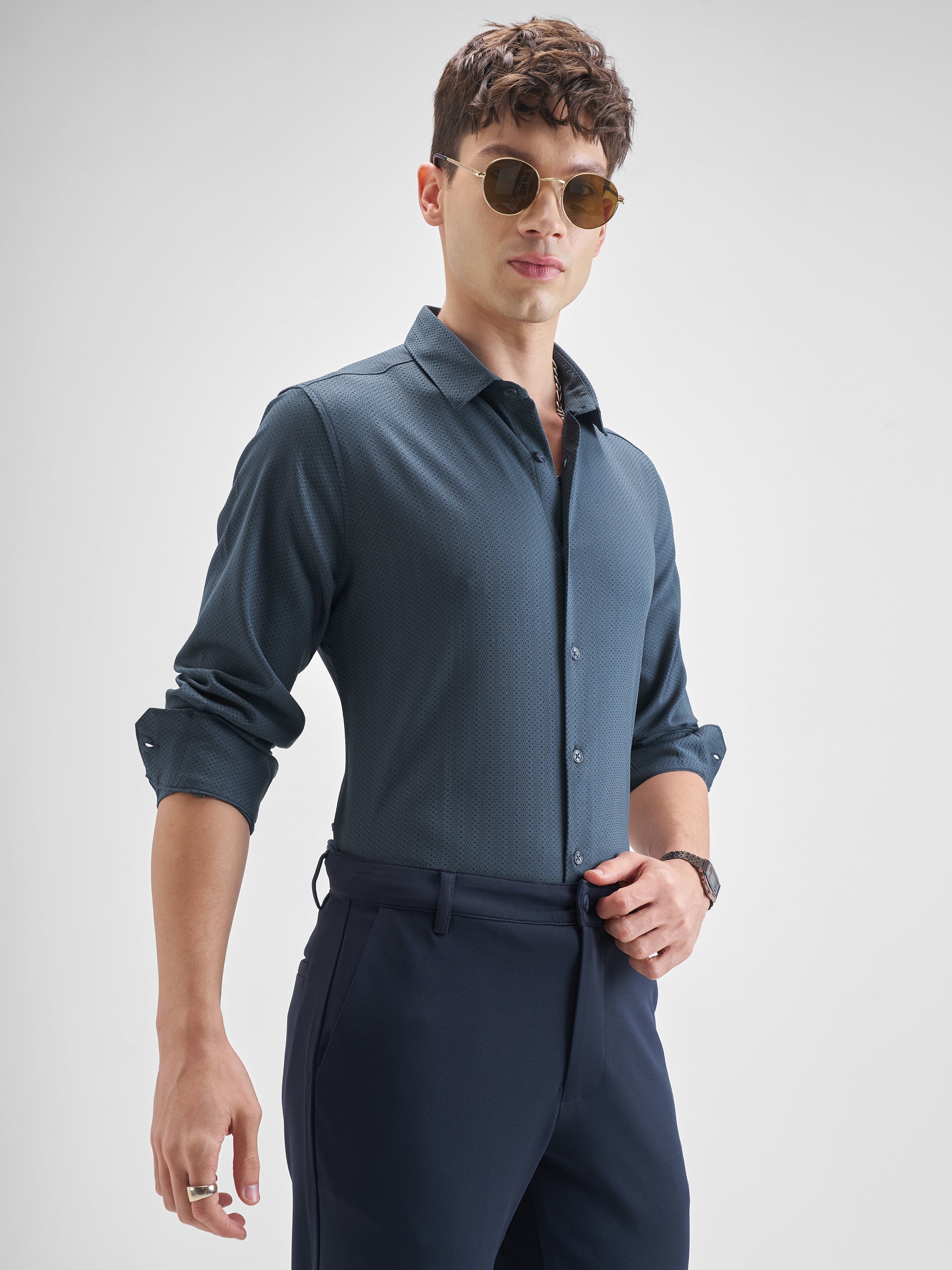 Highlander Men Blue Self Design Slim Fit Casual Shirt - Blue - Image 6