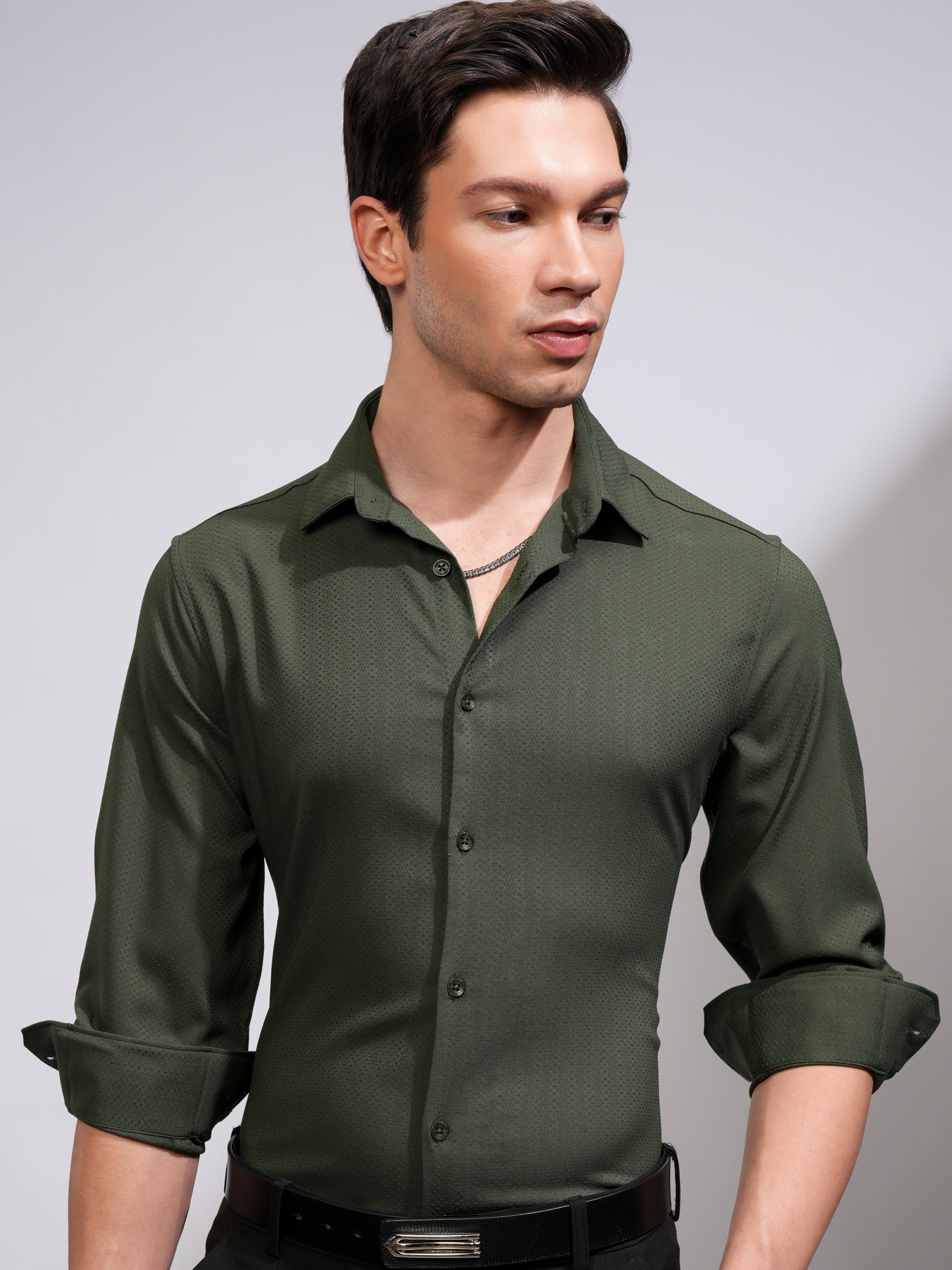 Highlander Men Green Self Design Slim Fit Casual Shirt - Green - Image 1