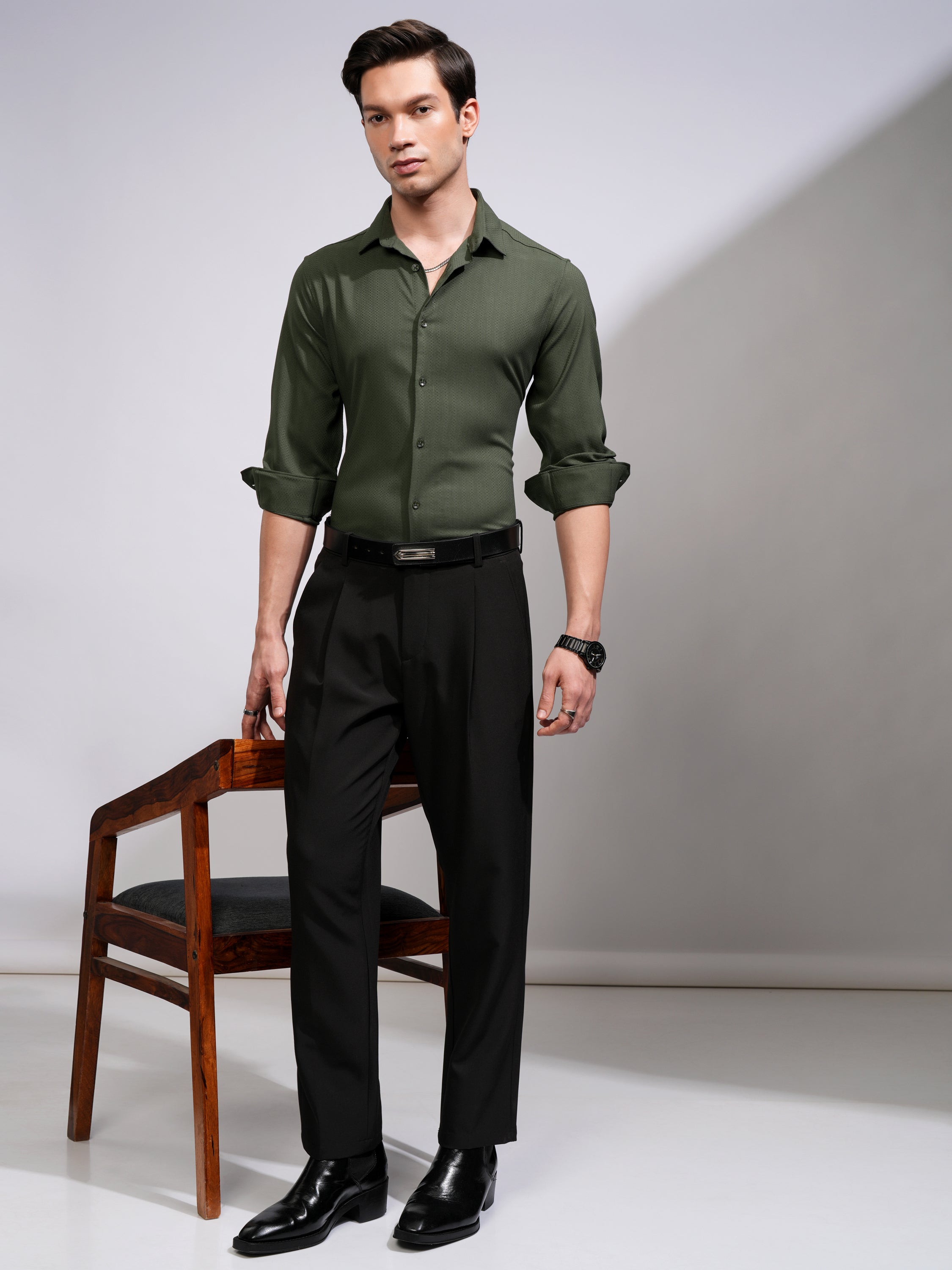 Highlander Men Green Self Design Slim Fit Casual Shirt - Green - Image 2