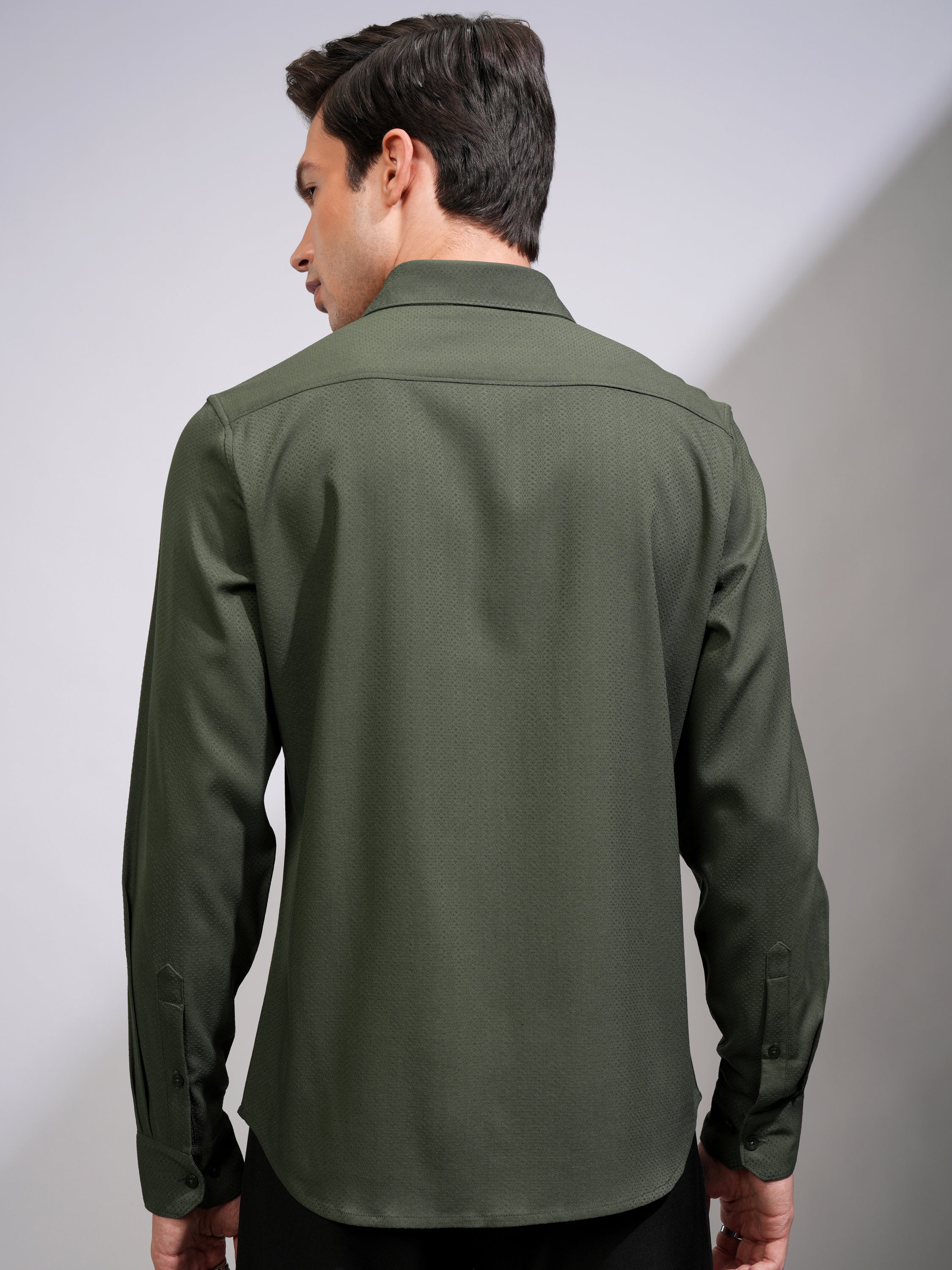 Highlander Men Green Self Design Slim Fit Casual Shirt - Green - Image 3