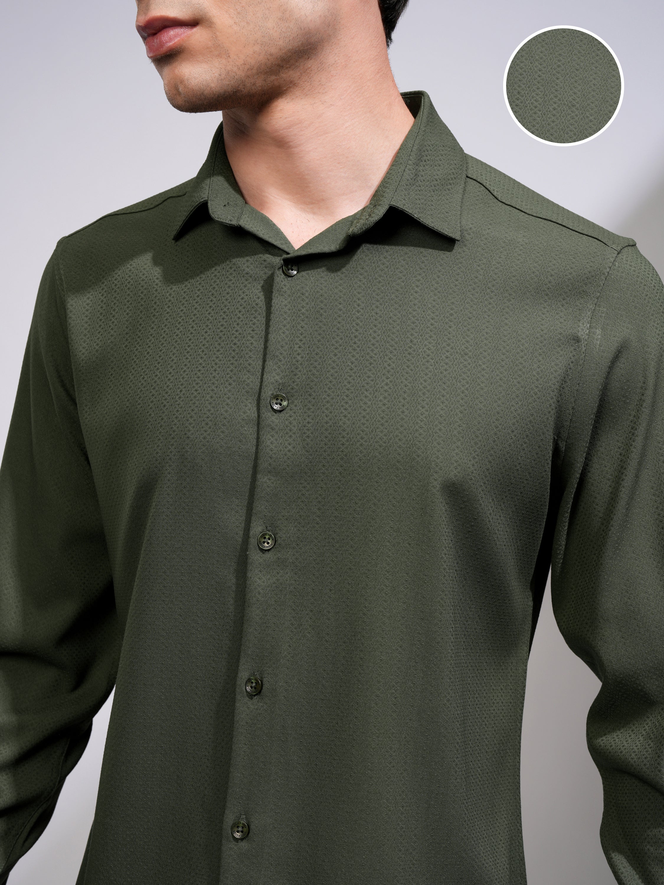 Highlander Men Green Self Design Slim Fit Casual Shirt - Green - Image 5