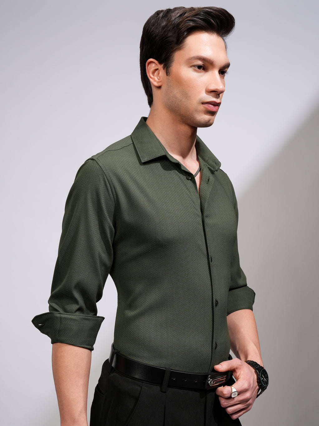 Highlander Men Green Self Design Slim Fit Casual Shirt - Green - Image 6