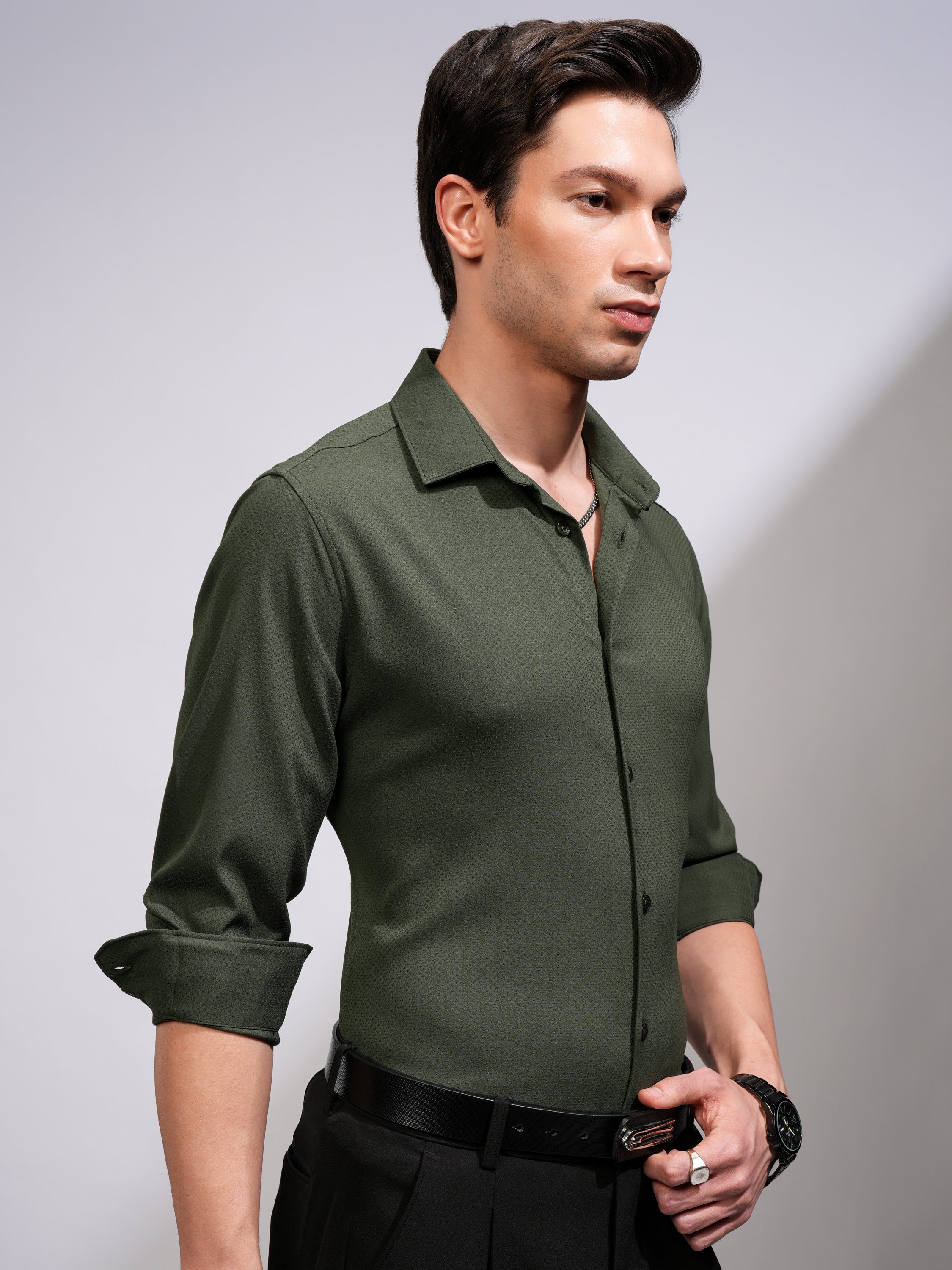 Highlander Men Green Self Design Slim Fit Casual Shirt - Green - Image 6