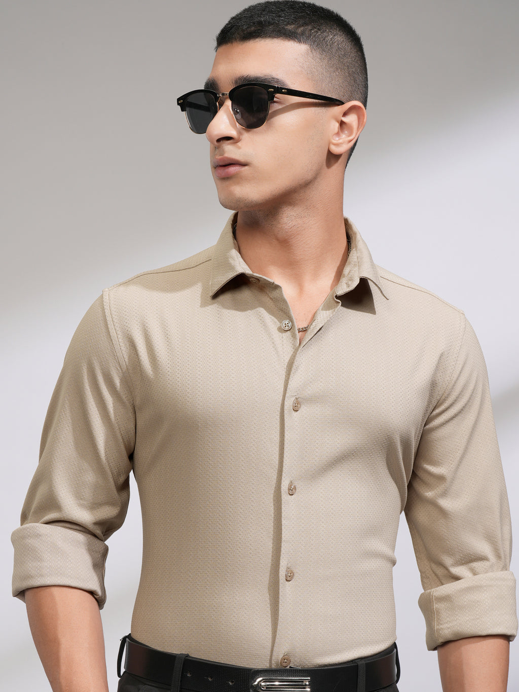 Highlander Men Beige Self Design Slim Fit Casual Shirt - Beige - Image 1