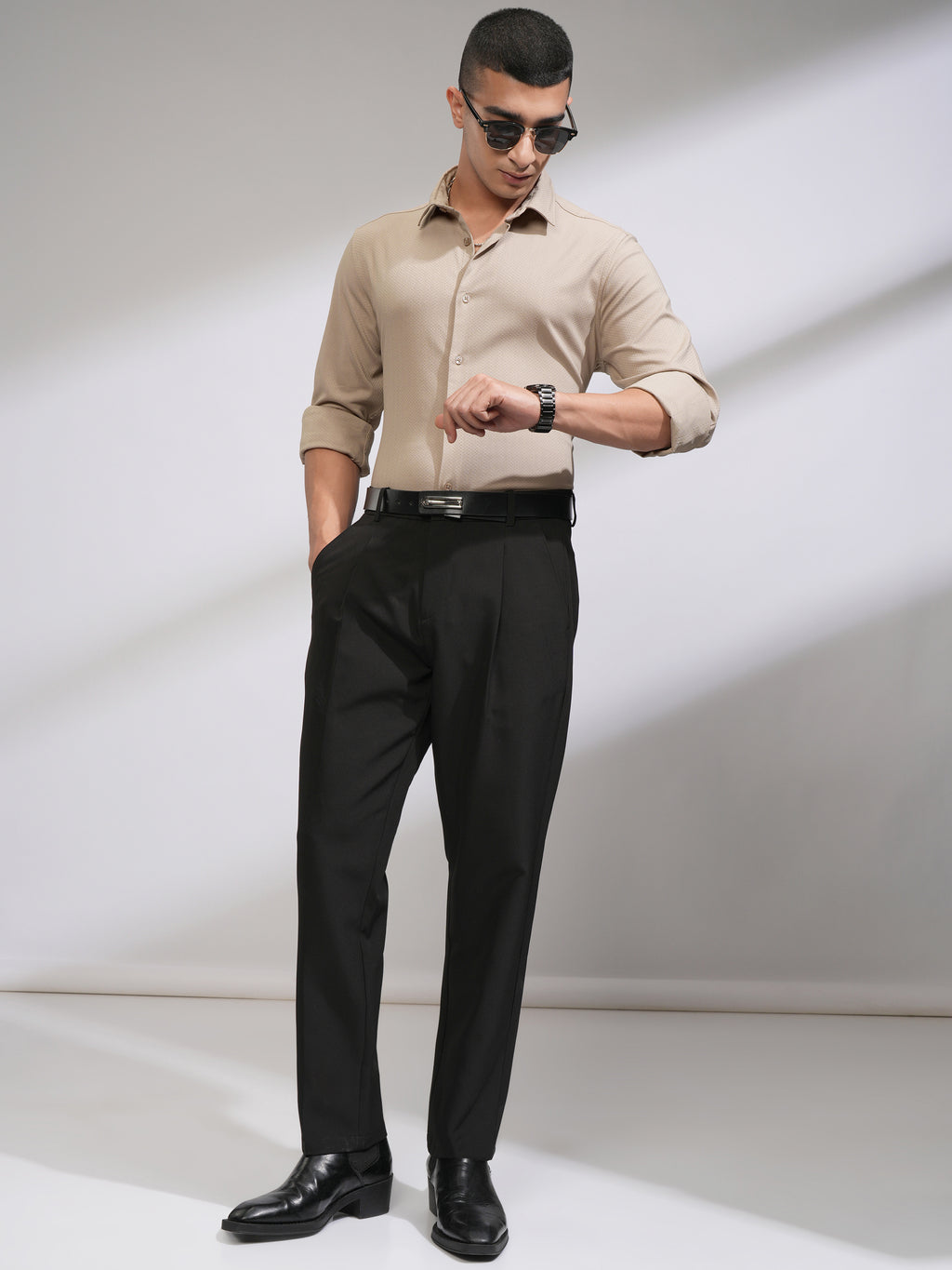 Highlander Men Beige Self Design Slim Fit Casual Shirt - Beige - Image 2