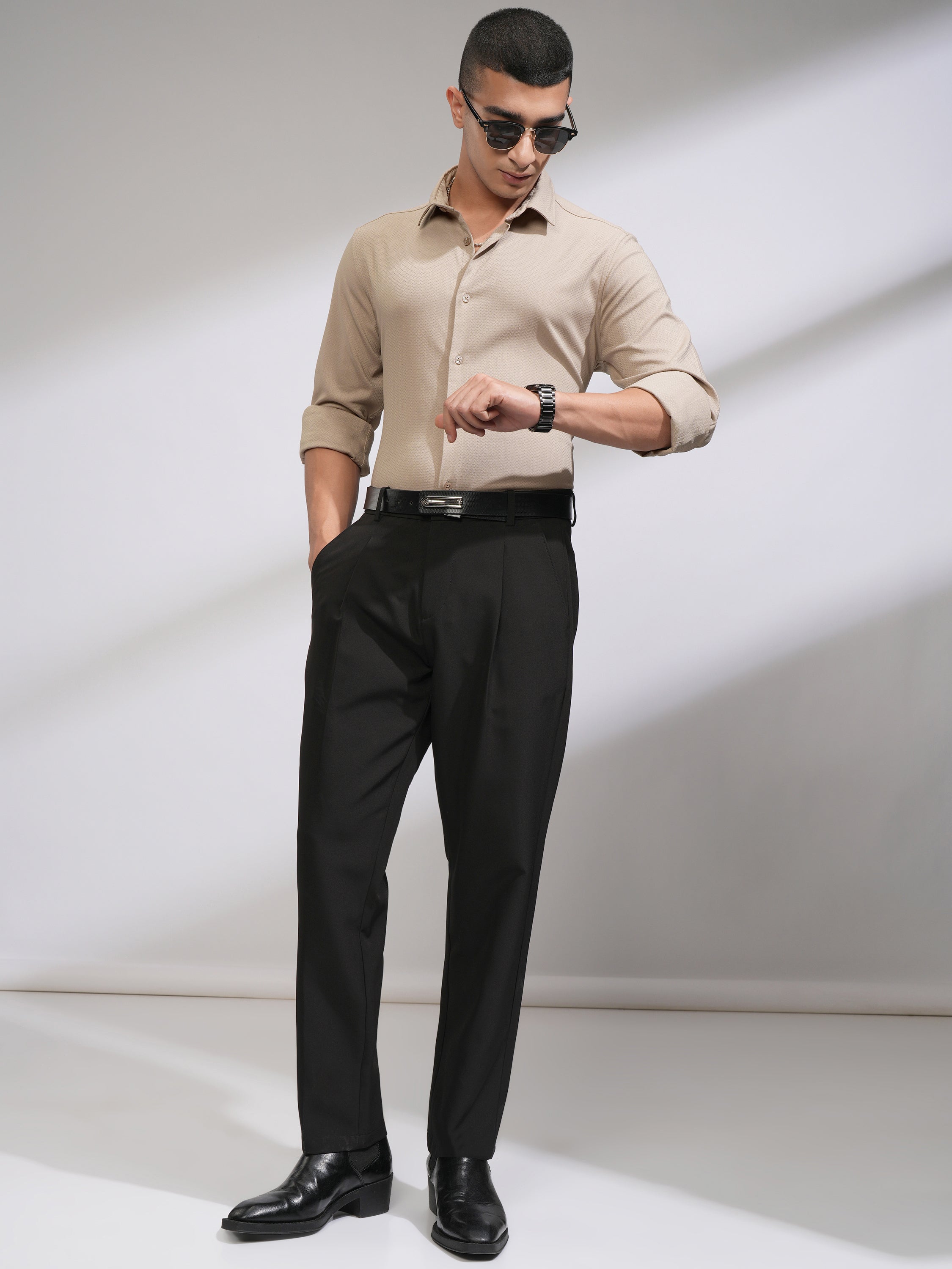 Highlander Men Beige Self Design Slim Fit Casual Shirt - Beige - Image 2