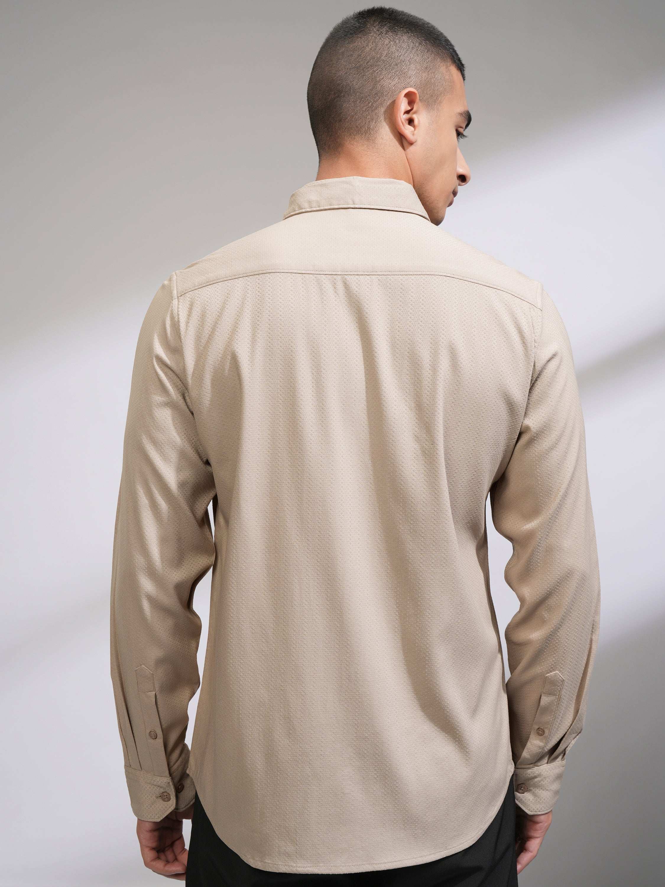 Highlander Men Beige Self Design Slim Fit Casual Shirt - Beige - Image 3