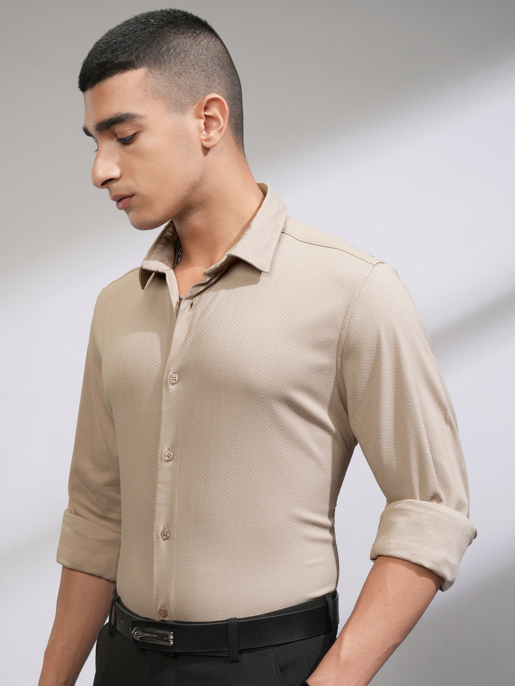 Highlander Men Beige Self Design Slim Fit Casual Shirt - Beige - Image 4