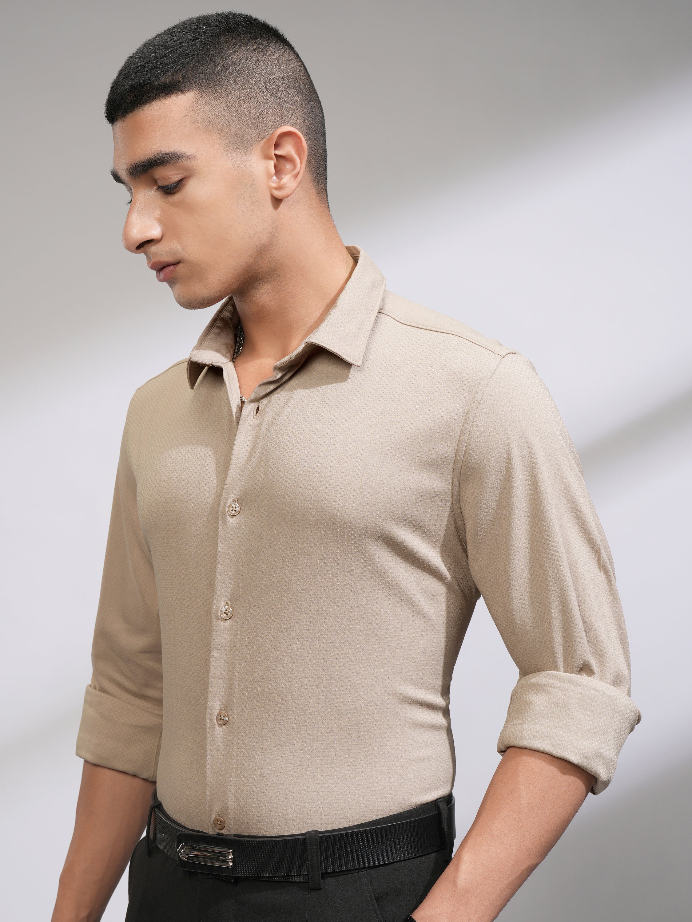 Highlander Men Beige Self Design Slim Fit Casual Shirt - Beige - Image 4