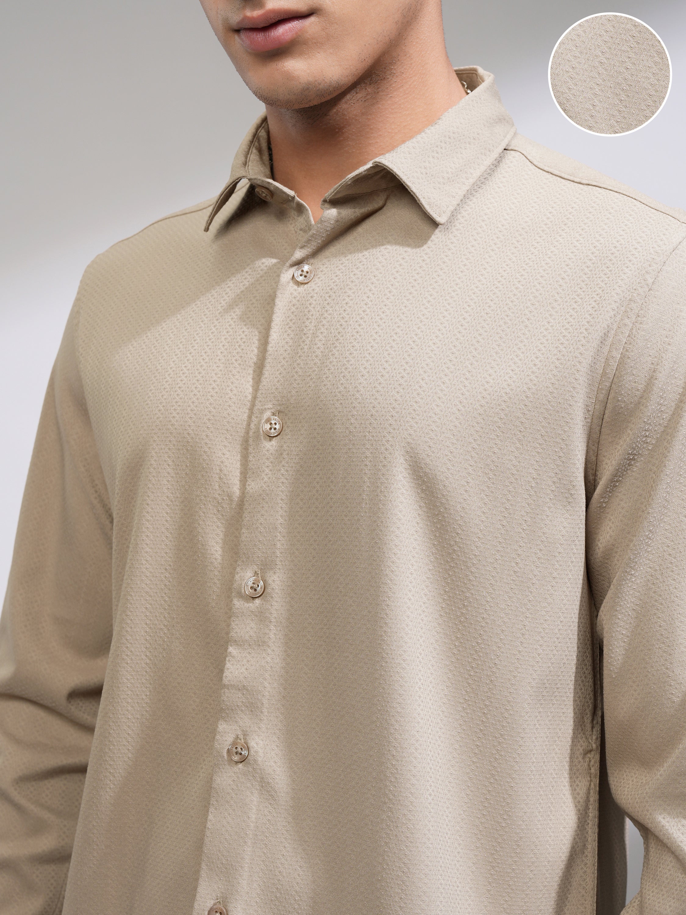 Highlander Men Beige Self Design Slim Fit Casual Shirt - Beige - Image 5