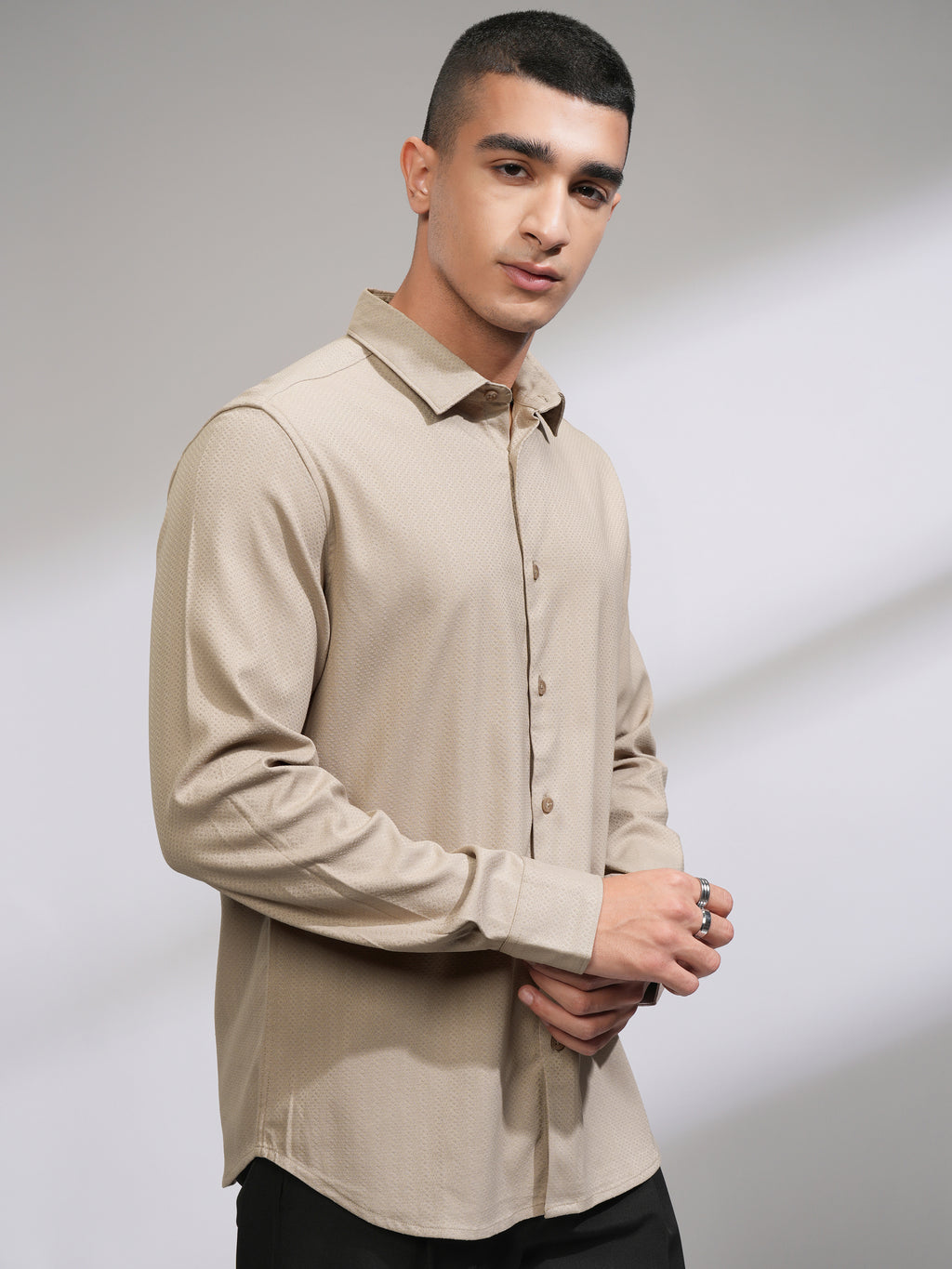 Highlander Men Beige Self Design Slim Fit Casual Shirt - Beige - Image 6