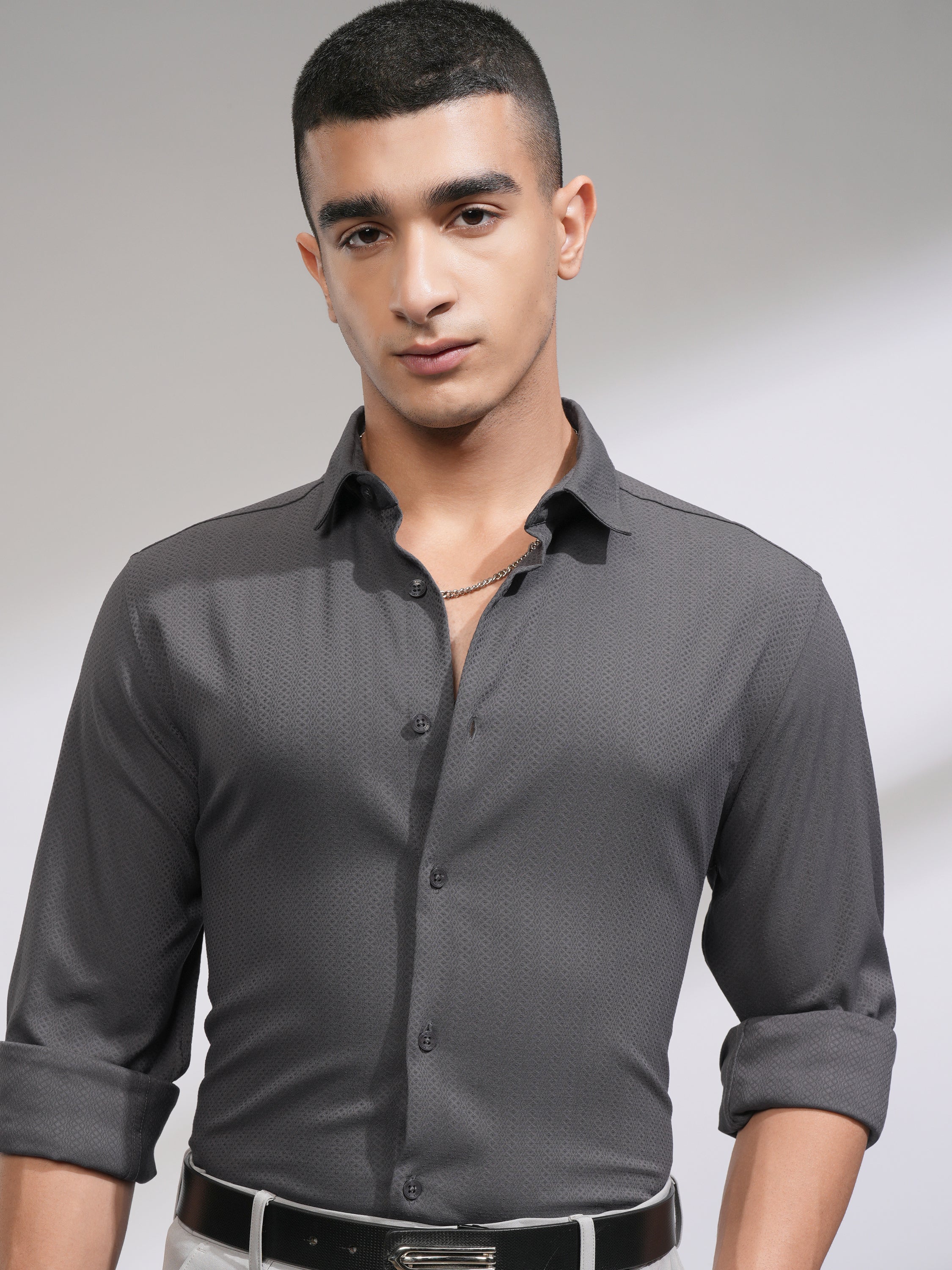 Highlander Men Grey Self Design Slim Fit Casual Shirt - Grey - Image 1