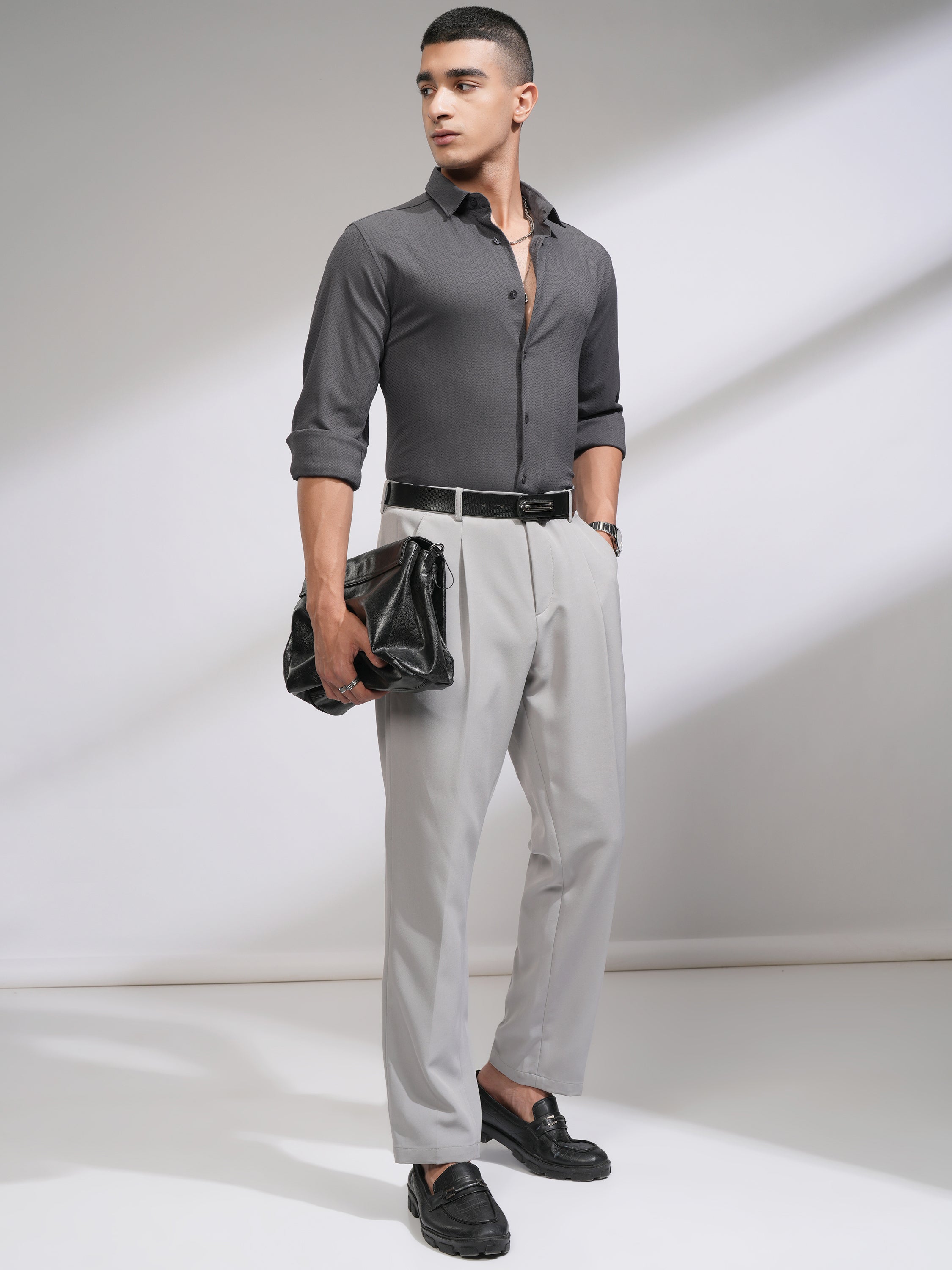 Highlander Men Grey Self Design Slim Fit Casual Shirt - Grey - Image 2