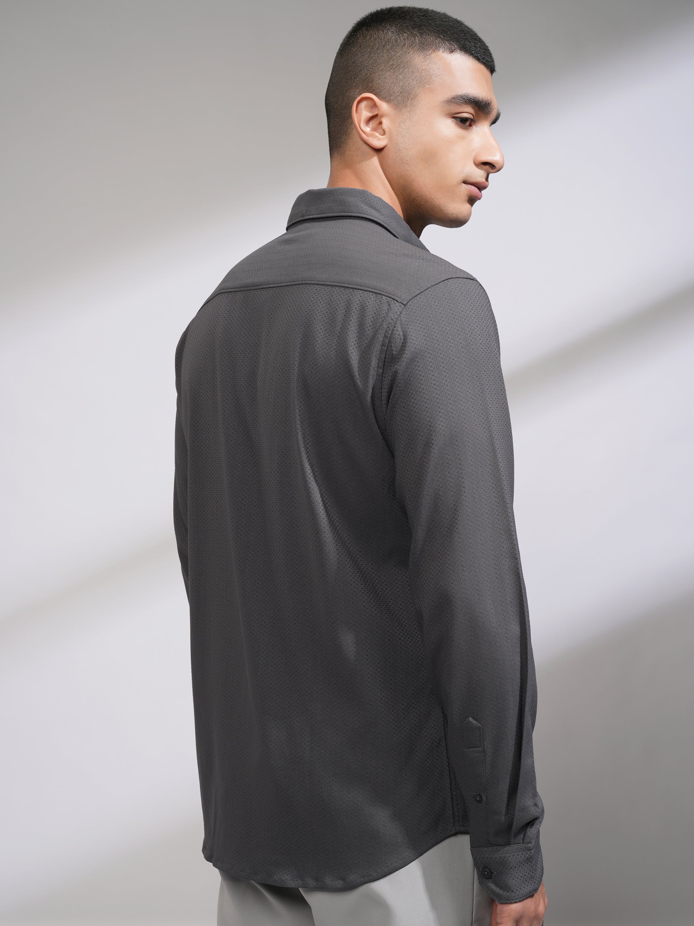 Highlander Men Grey Self Design Slim Fit Casual Shirt - Grey - Image 3