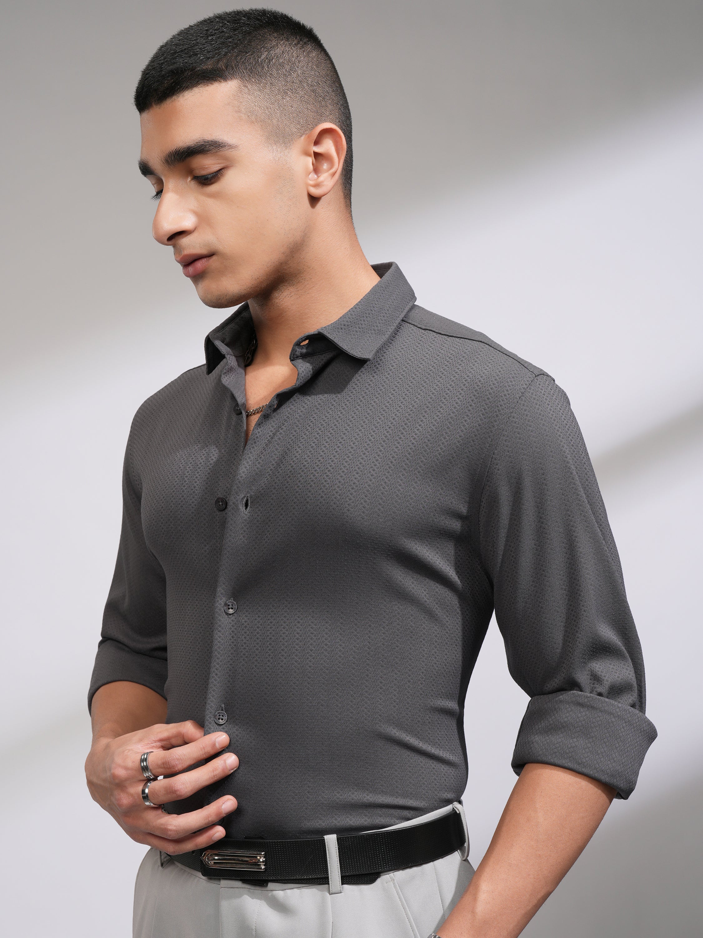 Highlander Men Grey Self Design Slim Fit Casual Shirt - Grey - Image 4