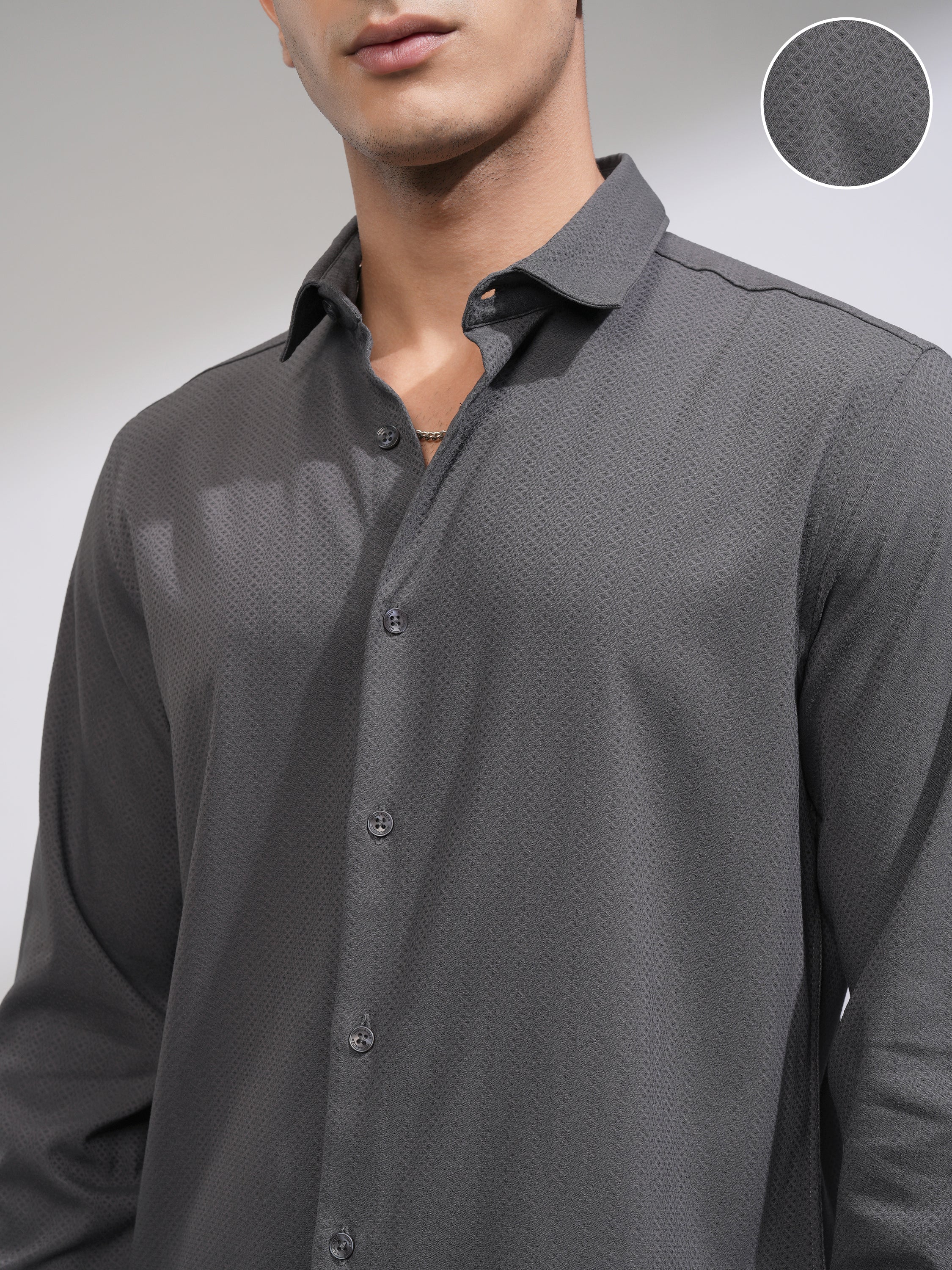 Highlander Men Grey Self Design Slim Fit Casual Shirt - Grey - Image 5